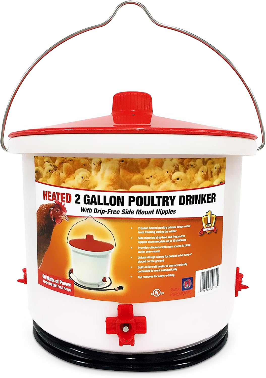 Farm Innovators HB-60P Thermostatically Controlled Heated 2 Gallon Plastic Outdoor Year Round Poultry Chicken Water Bucket Drinker, White/Red | Thermostatically controlled to keep water from freezing, side mounted drip-free/freeze-free nipples for up to…