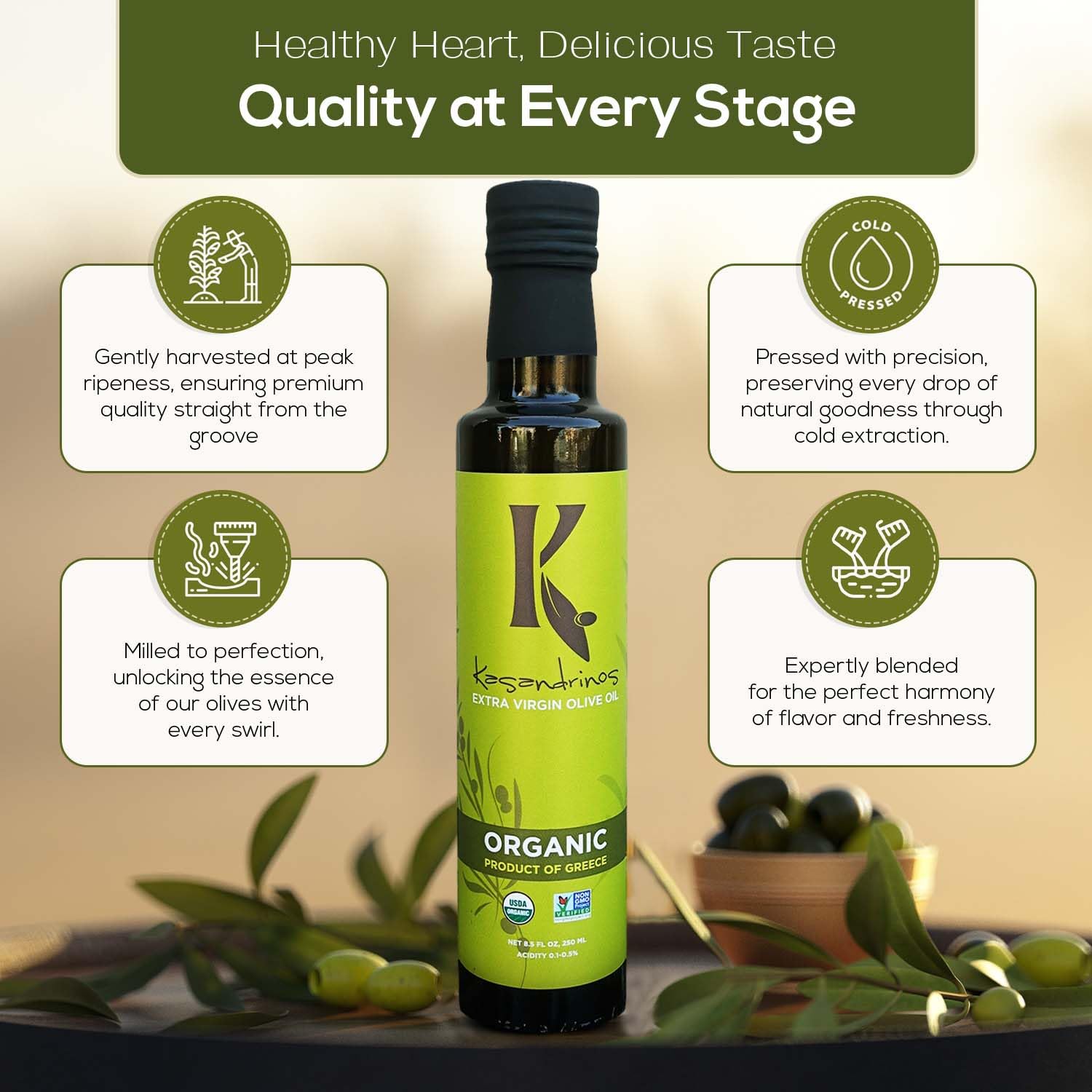 Kasandrinos Organic Olive Oil Extra Virgin, Polyphenol Rich Greek Olive Oil, 100% Organic First Cold Pressed, Mild + Delicate Flavor, Verified by Non GMO, 500 ml / 16.9 oz