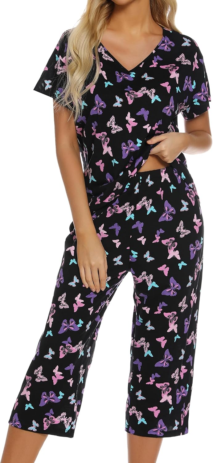 ENJOYNIGHT Womens Pajama Set Cotton Summer Pj Top with Capri Pant Sleepwear