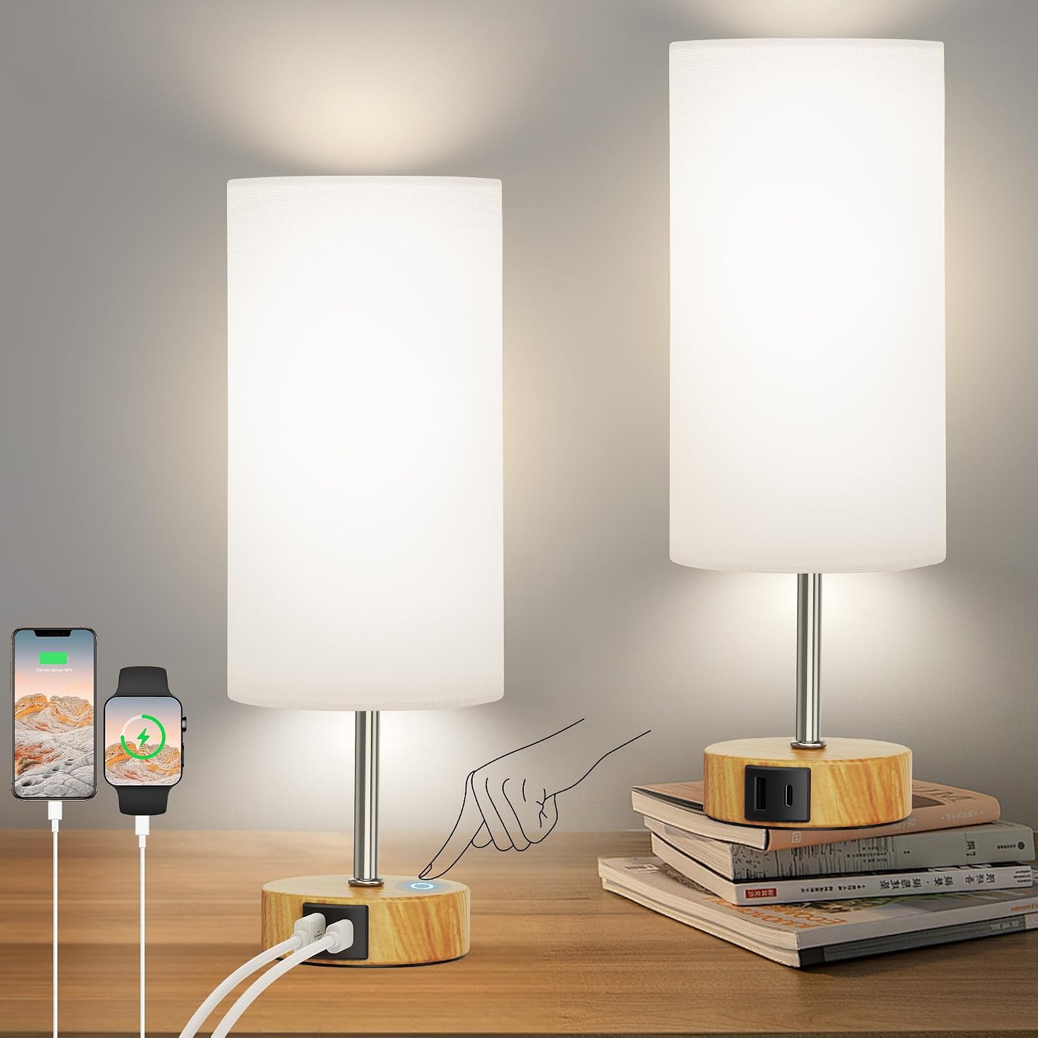 ROTTOGOON 12.8" Touch Control Table Lamp, 3-Way Dimmable Small Bedside Nightstand Lamp with 2 USB Ports