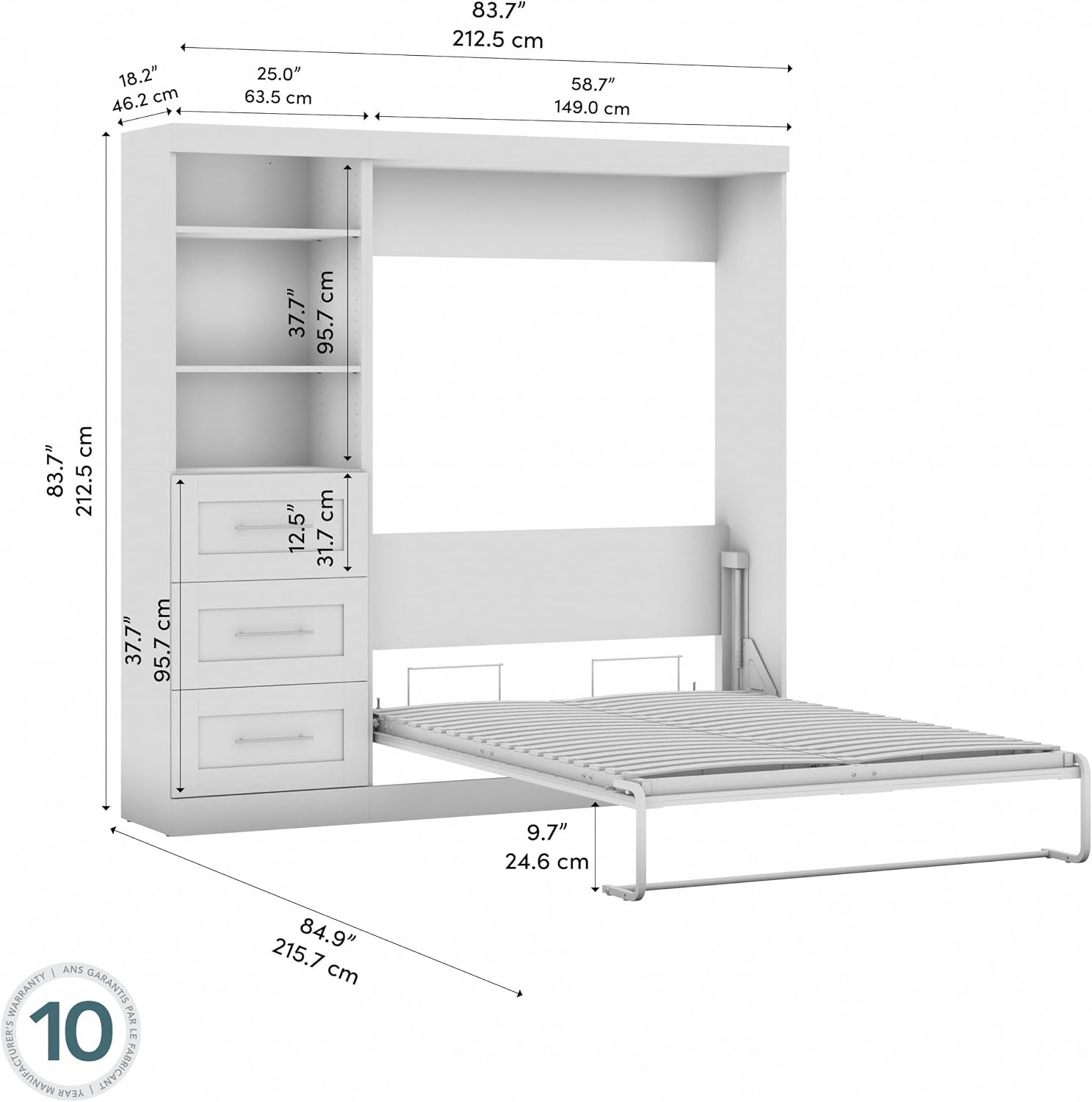 Bestar Pur Full Murphy Bed and Storage Unit with Drawers, 84-inch Space-Saving Wall Bed with Storage in White | Storage Unit with Drawers