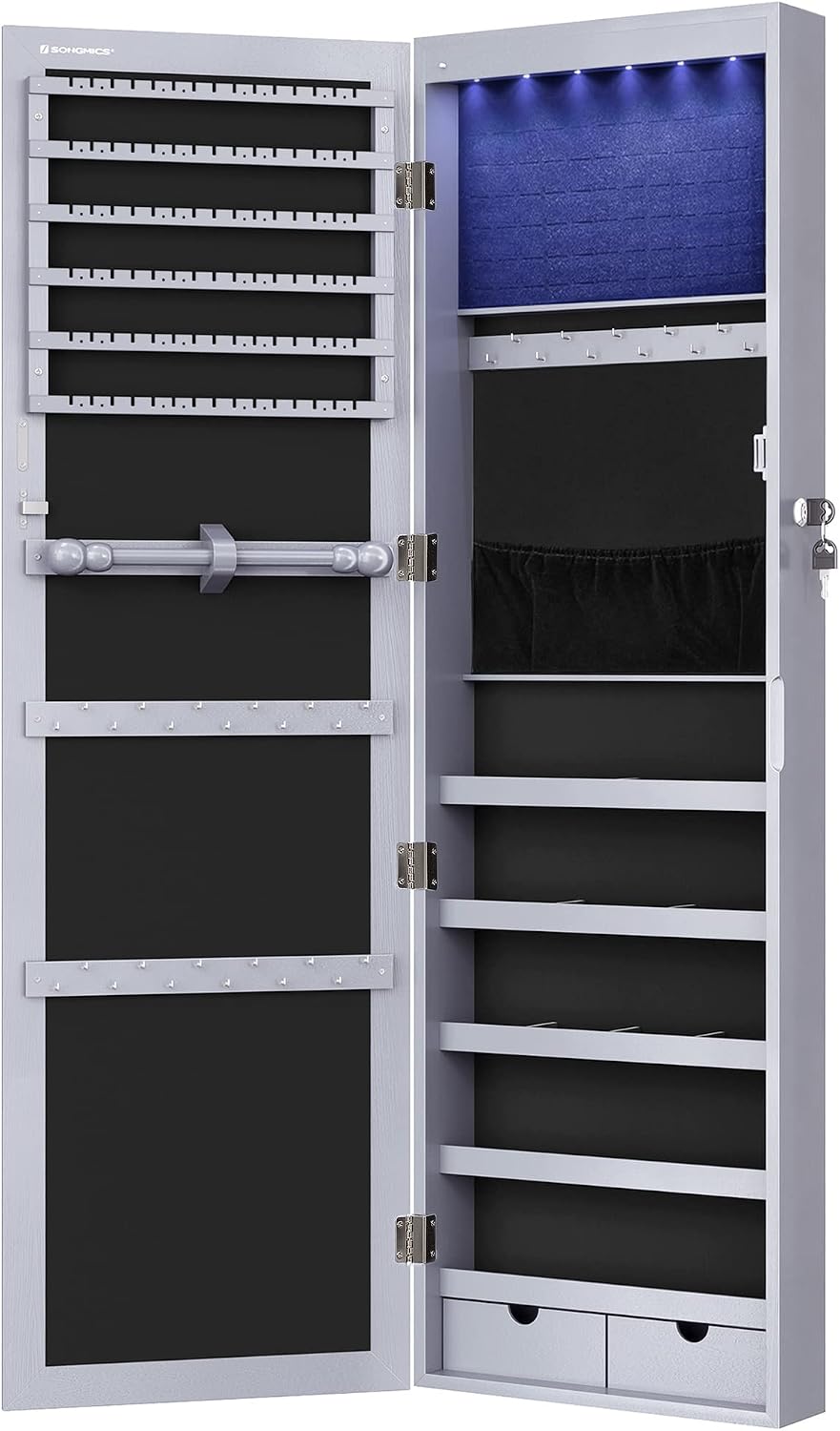 SONGMICS 6 LEDs Mirror Jewelry Cabinet, 47.2-Inch Tall Lockable Wall or Door Mounted Jewelry Armoire Organizer with Mirror, 2 Drawers, 3.9 x 14.6 x 47.2 Inches, White UJJC93W