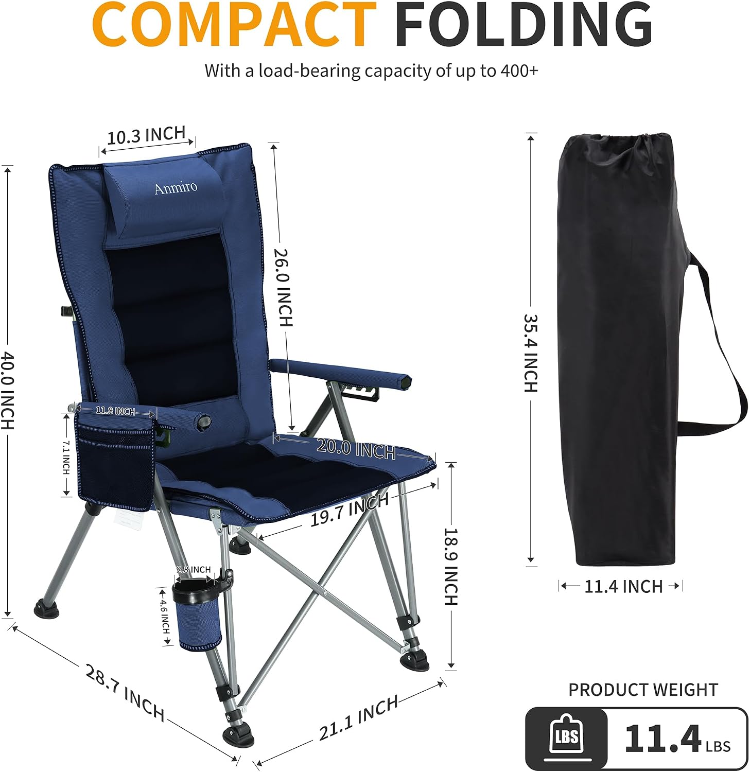 Adjustable Back Folding Camping Chair for Camp, Picnic, Lawn, Fishing | Adjustable Back; Weight Capacity 400 LBS;Hard Arm Portable Chair;Cup Holder;Storage Bag;carrying bag