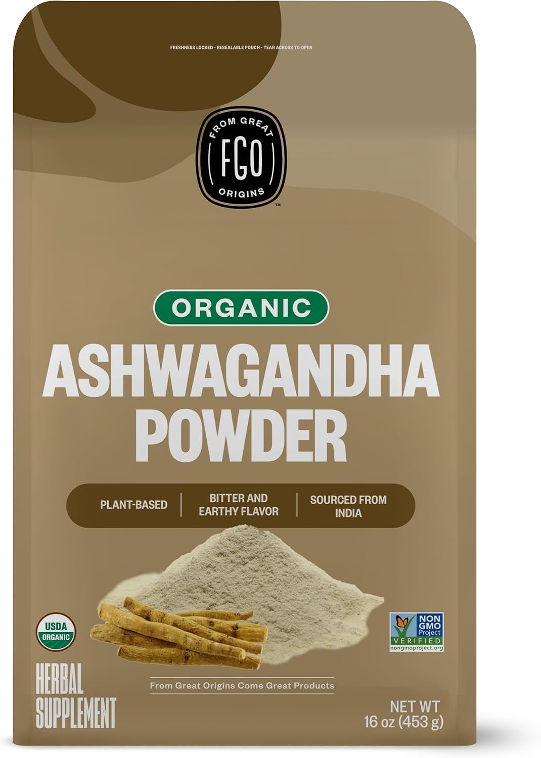 FGO Organic Ashwagandha Root Powder, 16oz Resealable Bulk Bag, Non-GMO, Indian Ginseng, Withania Somnifera, Sourced from India (Pack of 1)