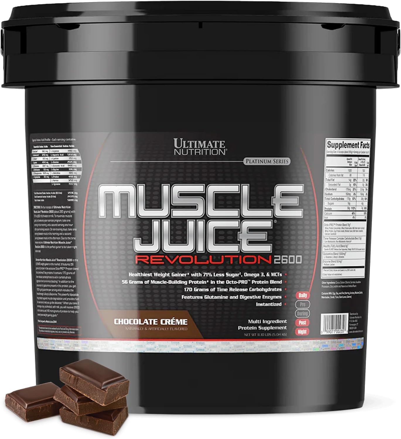 Ultimate Nutrition Muscle Juice Revolution 2600 Weight Gainer, Muscle Recovery with Glutamine, Micellar Casein and Time Release Complex Carbohydrates, Banana Protein Powder, 4.69 Pounds | 70g Octo-PRO™ Protein Blend, 175g Time-Release Carbs, 1000mg Gluta…
