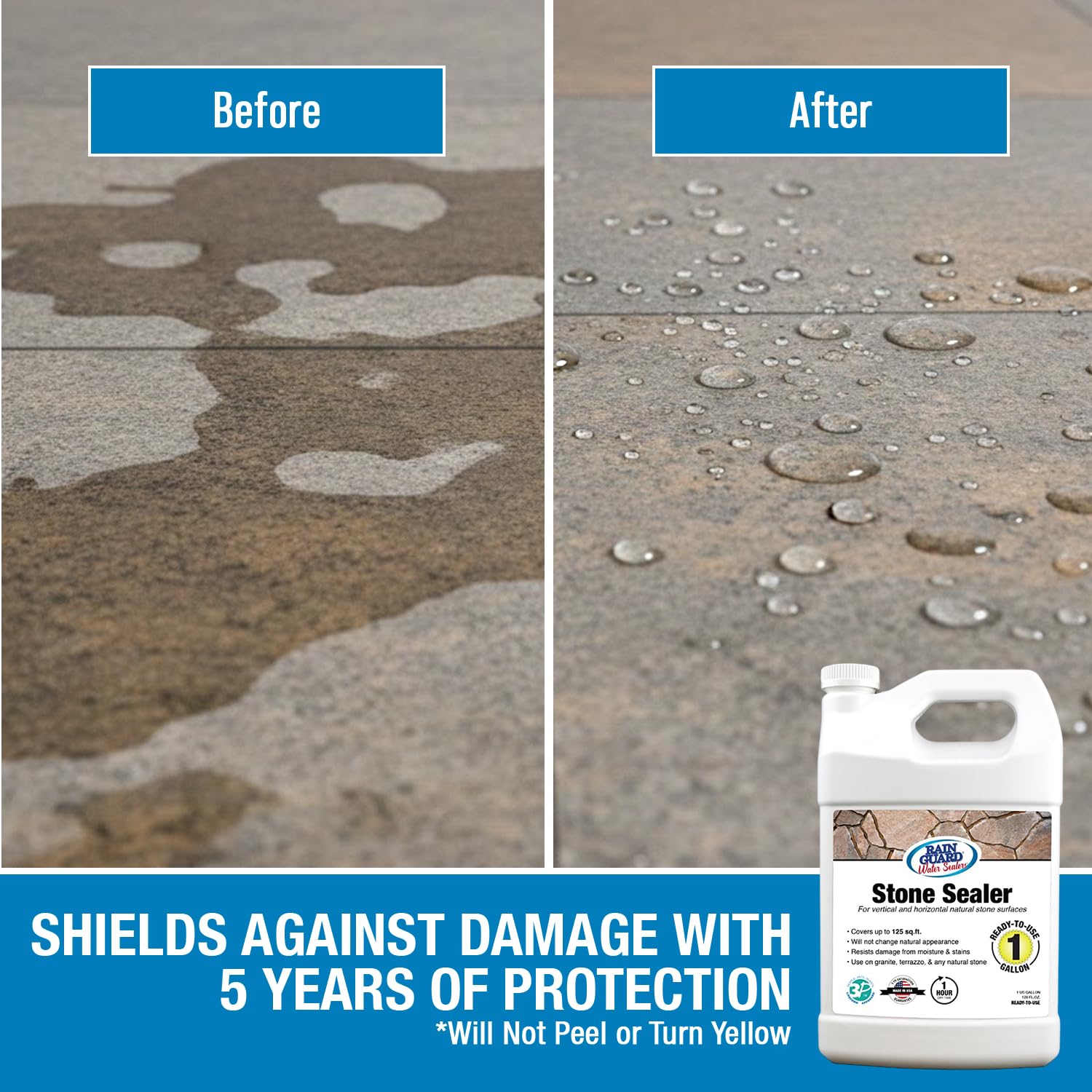 Rainguard Water Sealers Stone Sealer, Penetrating Protection Against Moisture Damage and Stains, for All Stone Surfaces, Silane/Siloxane Waterproofer, Natural Finish, Ready to Use, 5 Gallons | Silane Siloxane Waterproofer, Protects Against Moisture Damag…