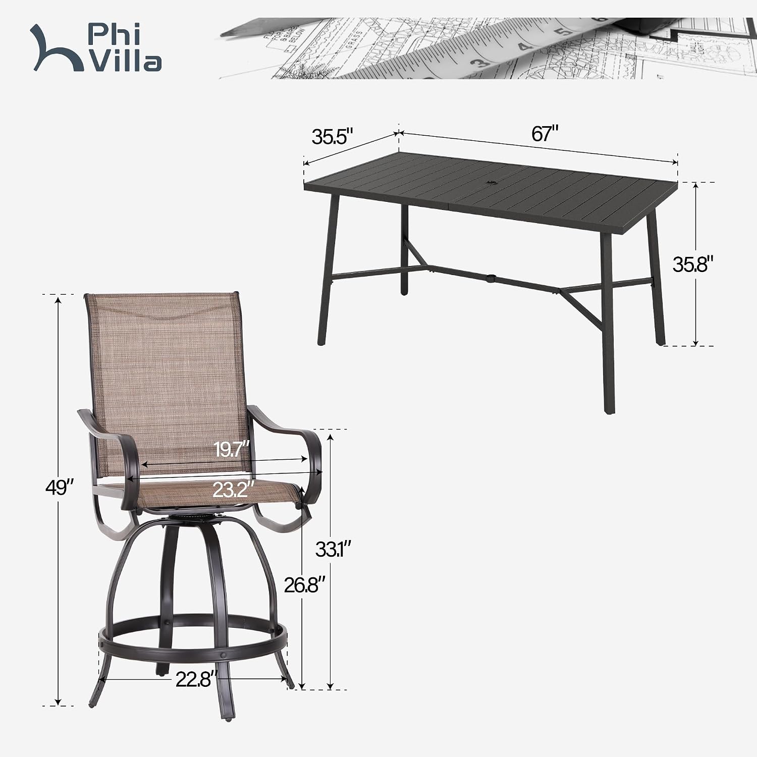 PHI VILLA Outdoor Bar Set 3 PCS Patio Bistro Table & Swivel Stools