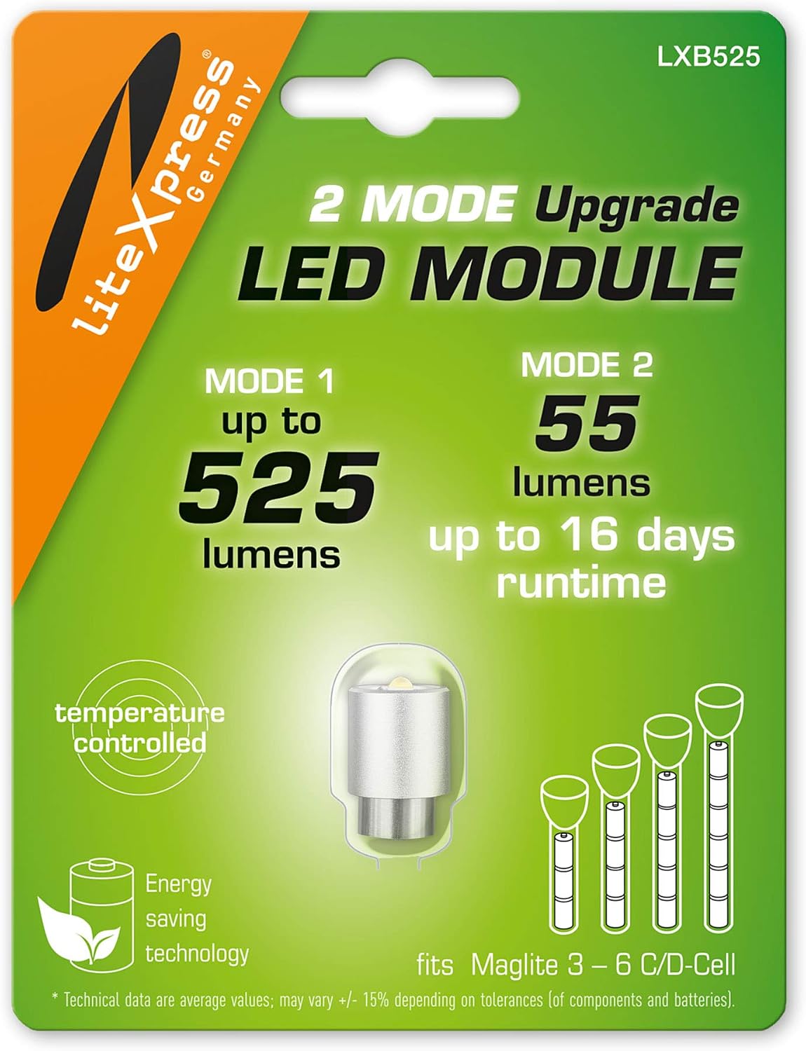 LXB525 2 Mode LED Upgrade Module 525 or 55 Lumen for 3-6 C/D Cell Maglite Torches
