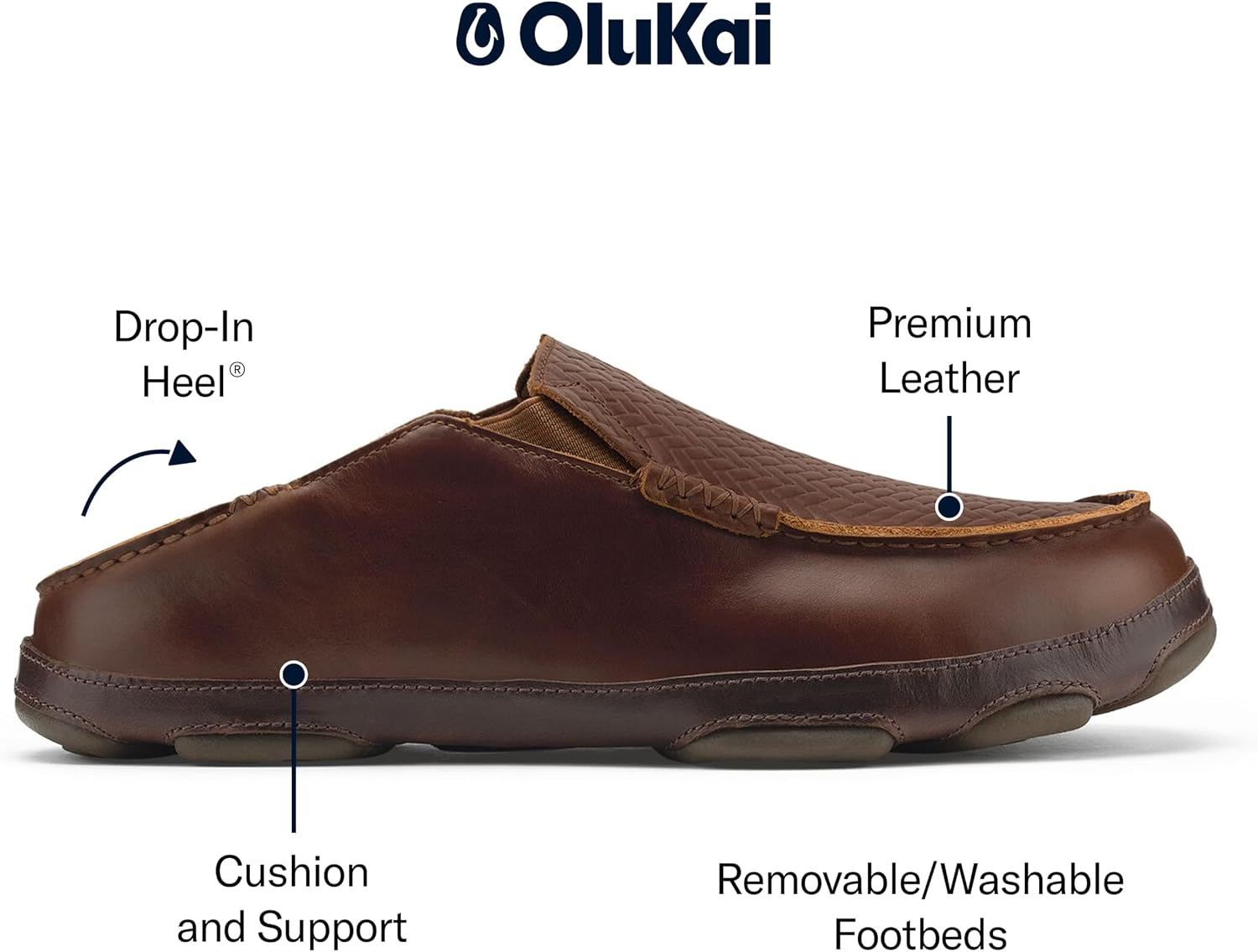 OluKai Moloa Men's Premium Leather Shoes, Easy Slip On & Off Design | Casual & Versatile Loafer, Drop-in Heel & Enhanced Traction