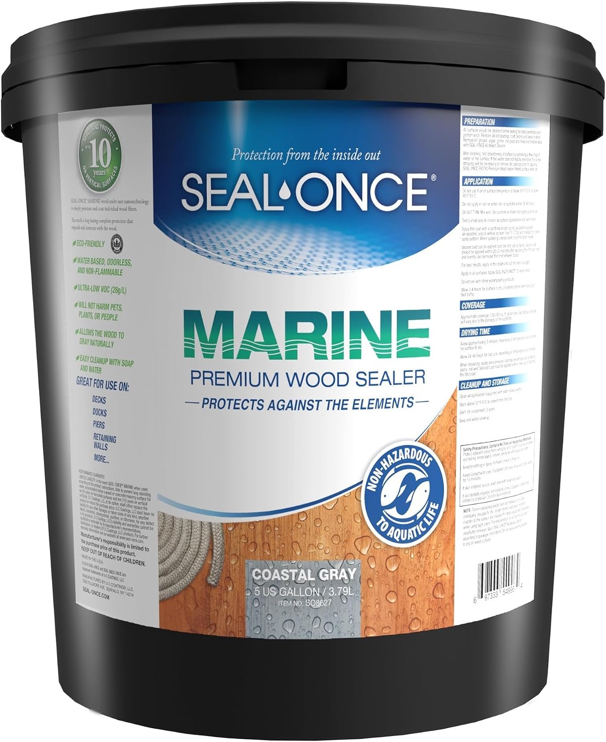 SEAL-ONCE Marine Penetrating Wood Sealer and Waterproofer, Clear, 1 Gallon | Waterproofer & Stain, Water-Based, Ultra-low VOC formula, For high-moisture areas