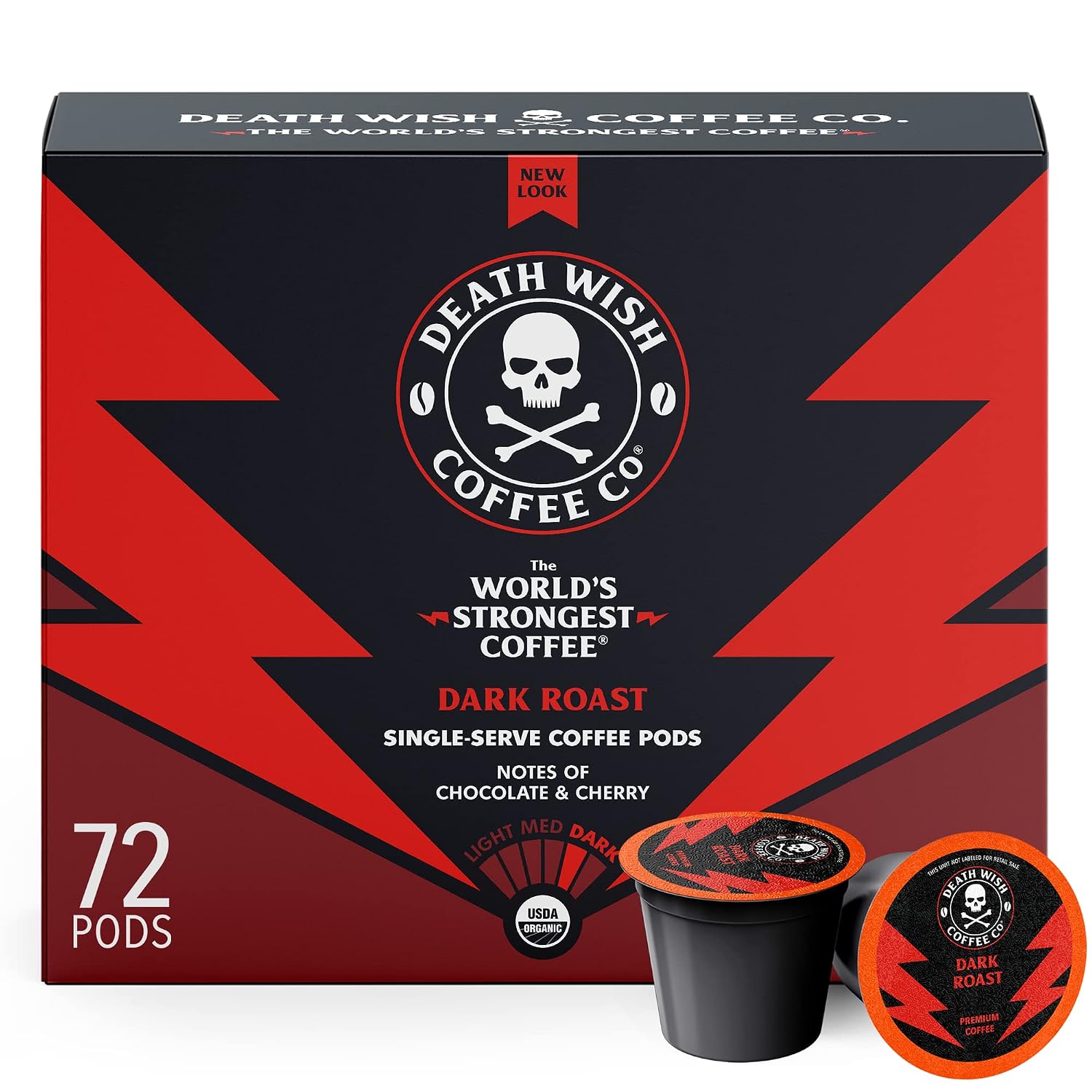 Death Wish Coffee Dark Roast Single Serve Coffee Pods, Organic, 50 Count | Fair Trade Arabica & Robusta, Baker's Chocolate & Cherry Notes, Low Acidity, Heavy Smooth Body, Bold & Intense