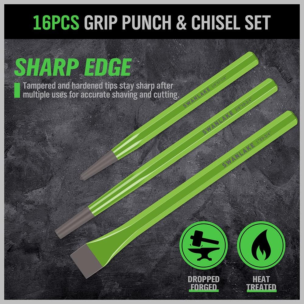 16-Piece Precision Punch & Chisel Set - Taper Punch, Pin Center Punch, Cold Chisels & Gauge for Versatile Applications