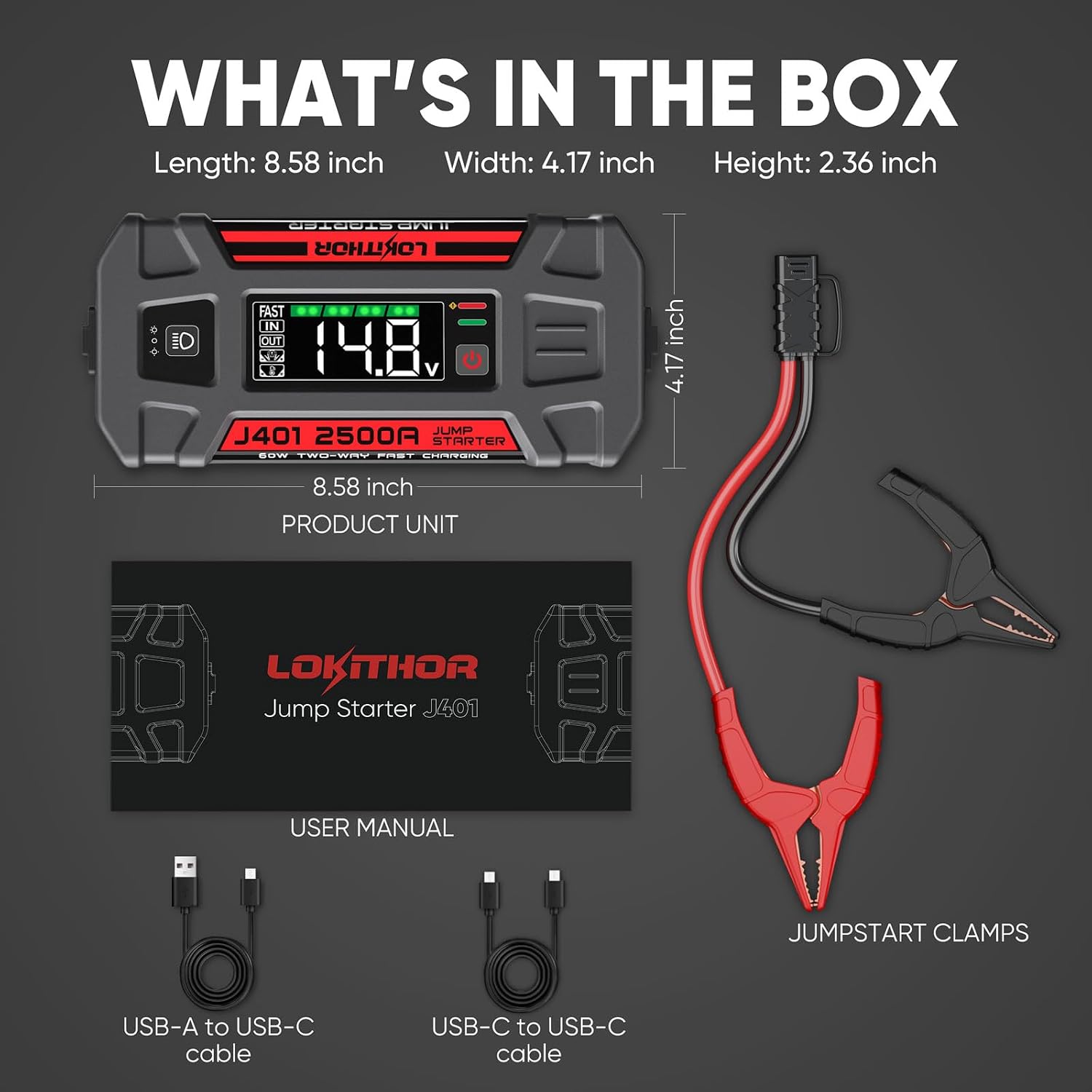 LOKITHOR J401 Portable Car Battery Jump Starter for 8.5L Gas/6.5L Diesel | 2500A Battery Jumper Starter Portable 12V Jump Box, 60W Fast Charging
