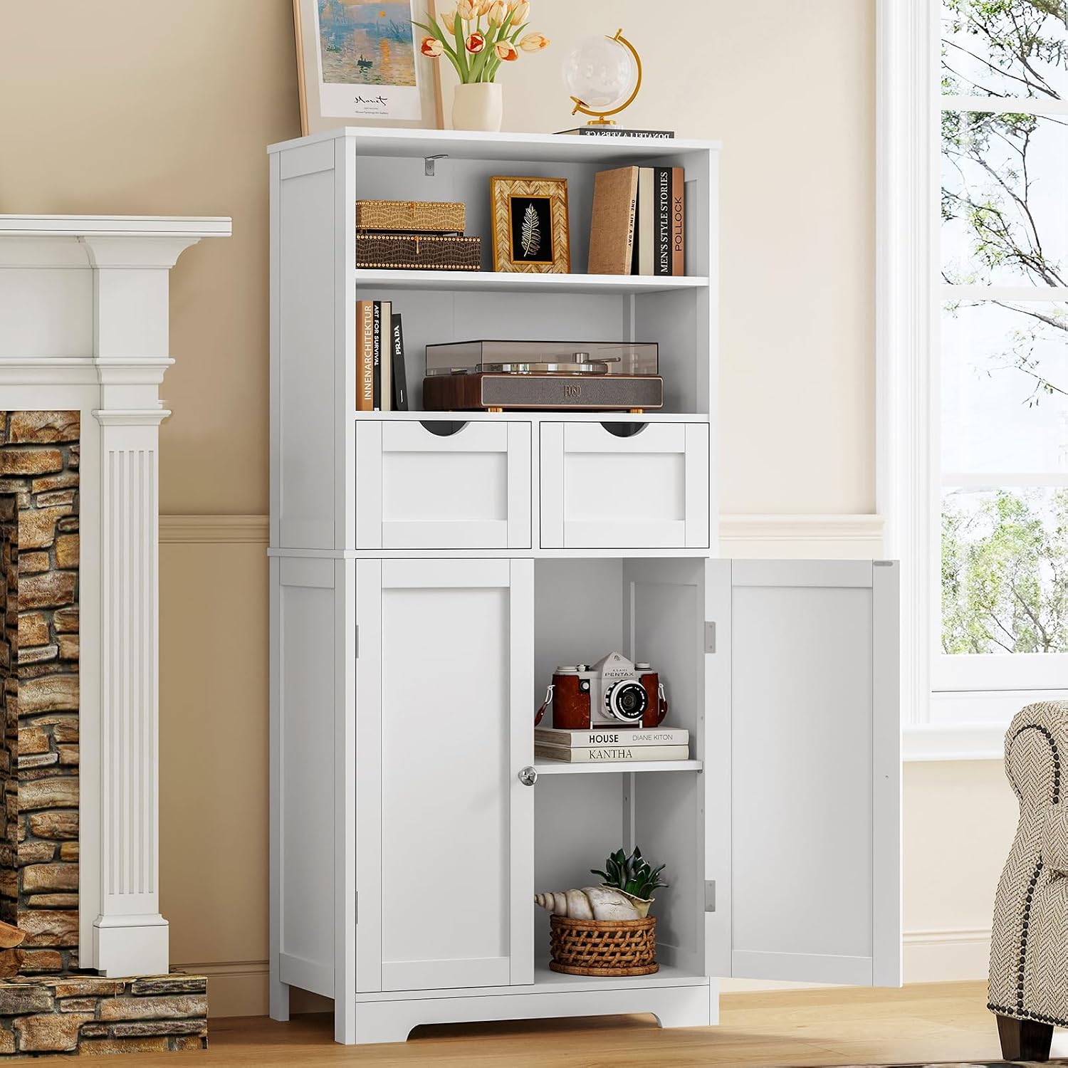 Iwell Storage Cabinet with 2 Drawers & Adjustable Shelves, Cupboard, Floor Cabinet for Living Room, Home Office, Rustic Brown