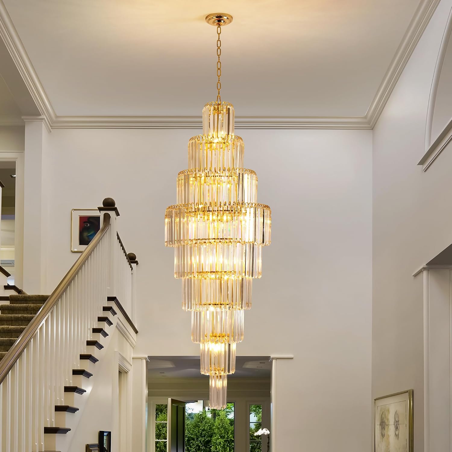 Luxury Modern Gold 9-Tier Crystal Chandelier for High Ceiling Foyer Staircase Large Entryway Light Fixture Dia23.7 20 Lights
