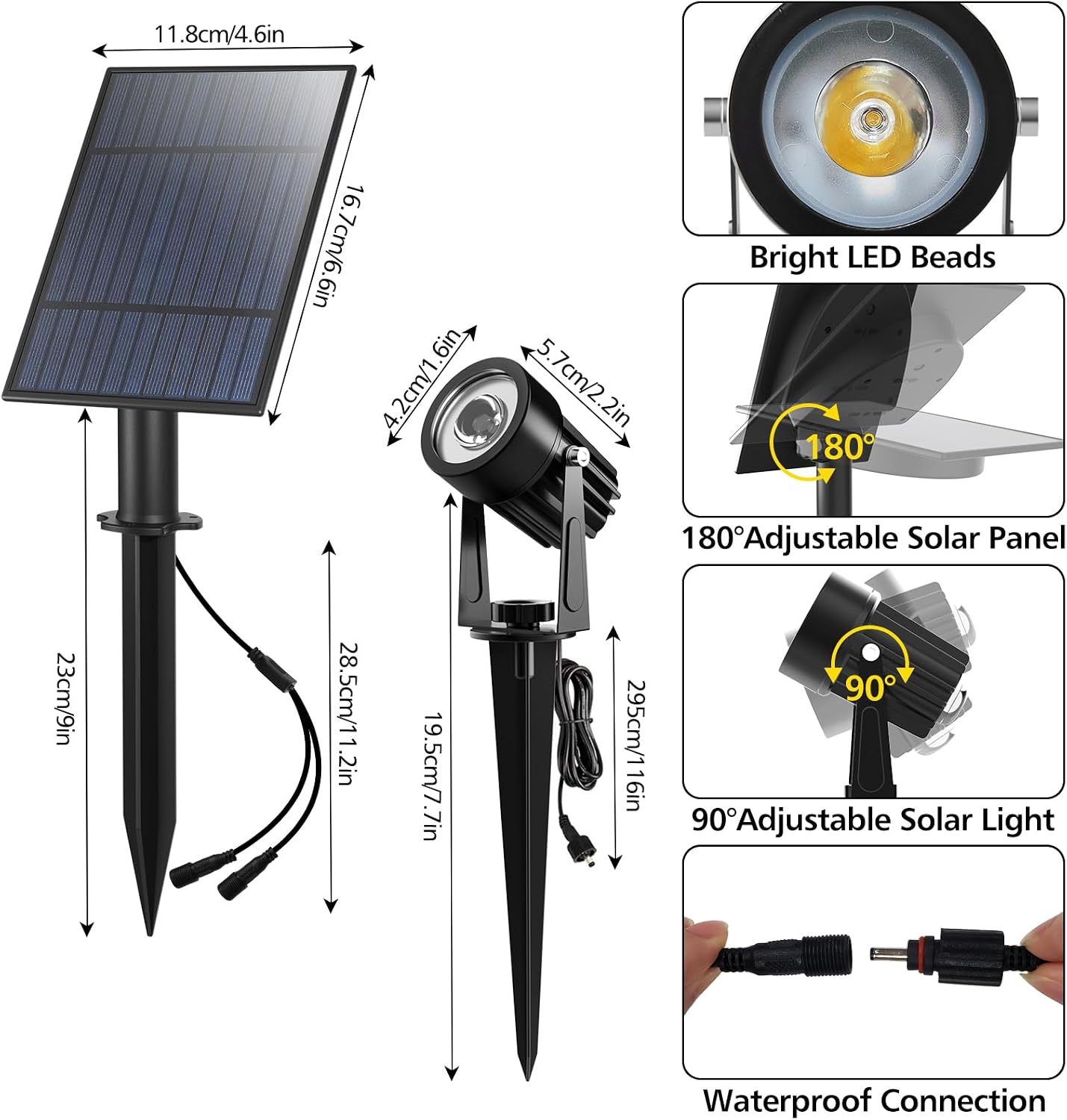 T-SUN Solar Spot Lights Outdoor, Dual Head Solar Spotlights, Cool White | IP65 Waterproof, 2 Brightness Modes, Dusk to Dawn Solar Uplights for Garden, Yard, Pathway, Patio, Lawn