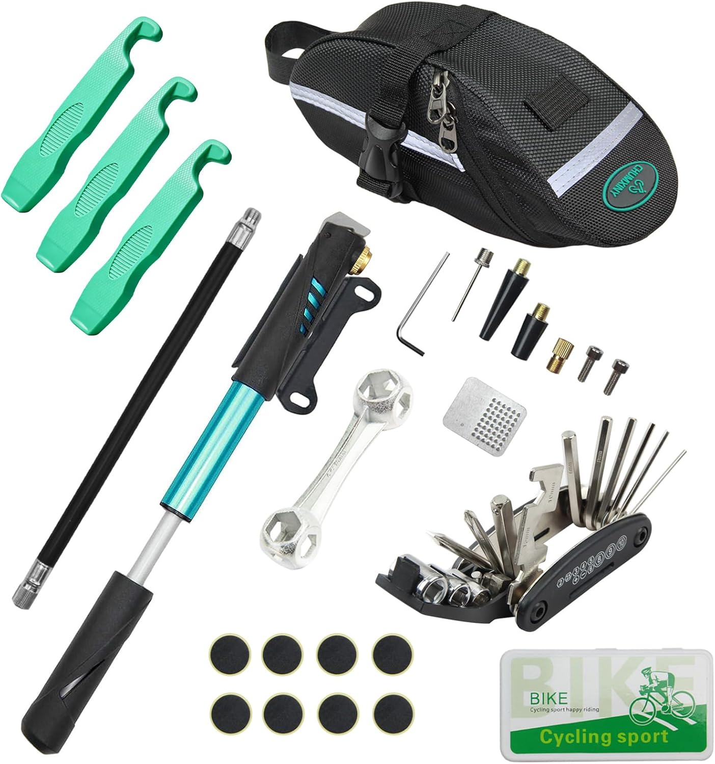 Chumxiny Bike Repair Kit Contains 16-in-1 Tool, 120Psi Mini Bicycle Pump, Tire Patch, Used for Mountain/Road Bike.