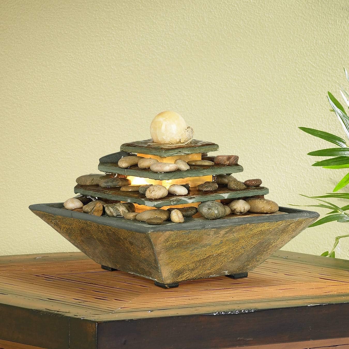 Pyramid 10" High Feng Shui Ball Lighted Table Indoor Small Fountain | Zen Modern Decor Slate Stone Tabletop with Light Waterfall Rock Water Feature for Desk Relaxation Bedroom Living Room