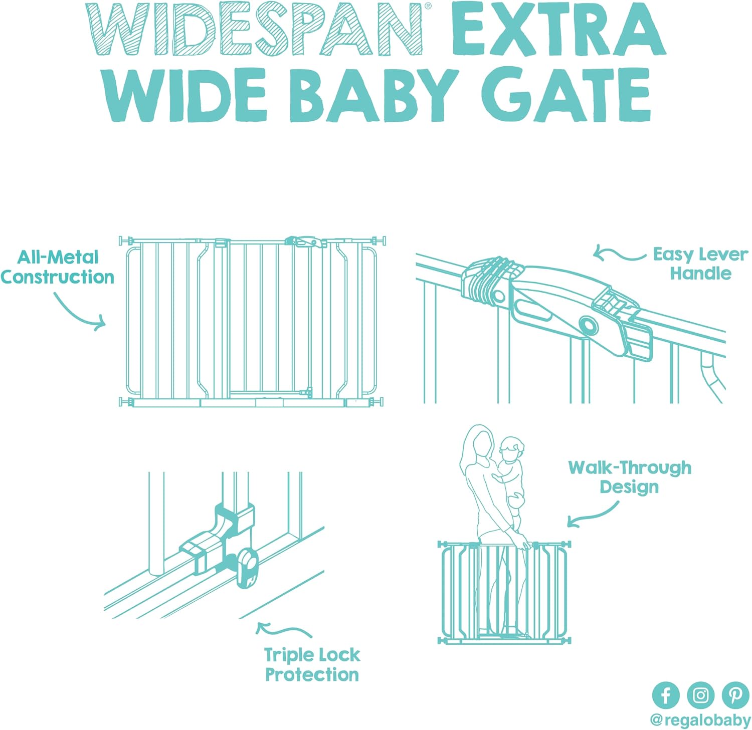 Regalo Safety 29"-49" Extra Wide Baby Gate, Bottom of Stairs & Doorways | Pressure Mounted with Door, For Babies, Toddlers & Pets, White, Tested & Trusted for 30 Years