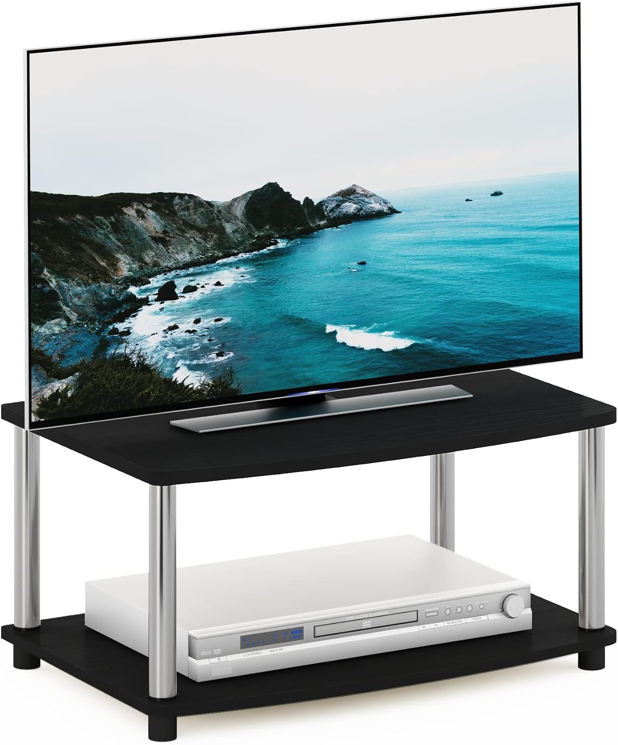 Furinno Turn-N-Tube TV Riser Stand, 2-Tier Small Elevated No Tools TV Stand, TV Console for TV up to 32 inch, 15.8 x 23.8 x 11, for Living Room, Bedroom, French Oak/Black
