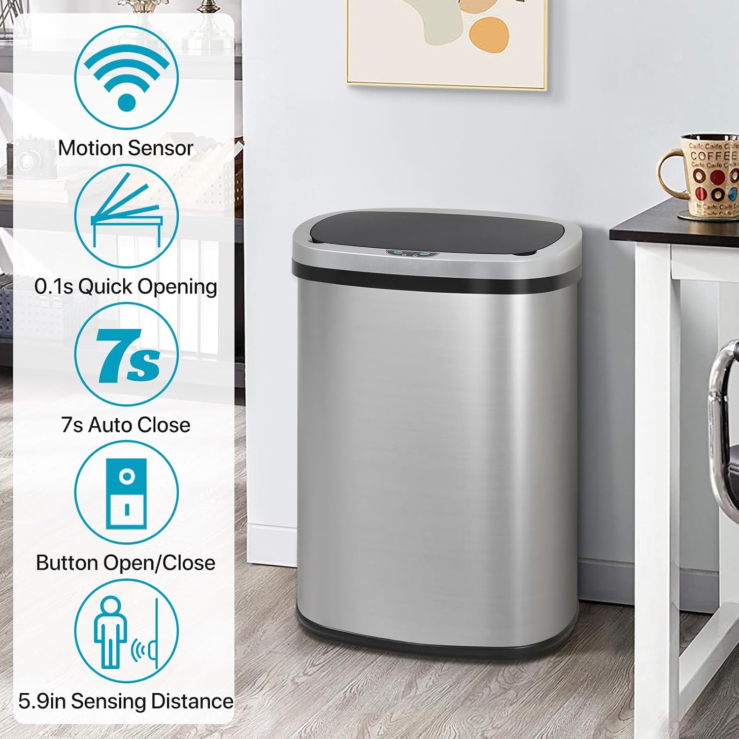Dkeli 13 Gallon Automatic Motion Sensor Trash Can, Stainless Steel Touchless Kitchen Trash Can with Lid, 50L High-Capacity Office Bathroom Bedroom Garbage Bin