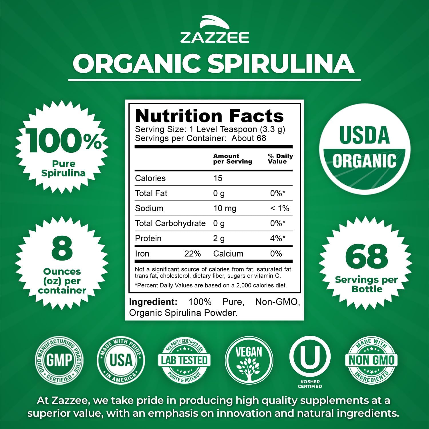 Zazzee USDA Organic Spirulina Powder, 2.2 Pounds (1 KG), 303 Servings | Certified Kosher, 100% Pure, Non-Irradiated, Mess-Free Wide Mouth Container, Fresh Smell, Neutral Taste, Non-GMO, Made in USA