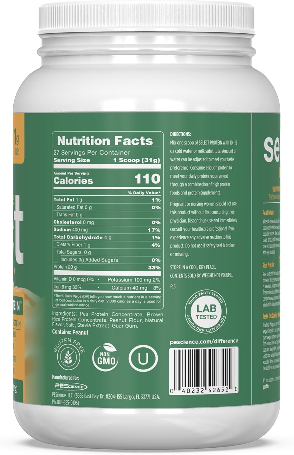 PEScience Select Vegan Protein Powder, Peanut Butter Delight, 27 Servings | Plant Based Protein Powder, Pea and Brown Rice Blend, Dairy Free, Lactose Free, Gluten Free
