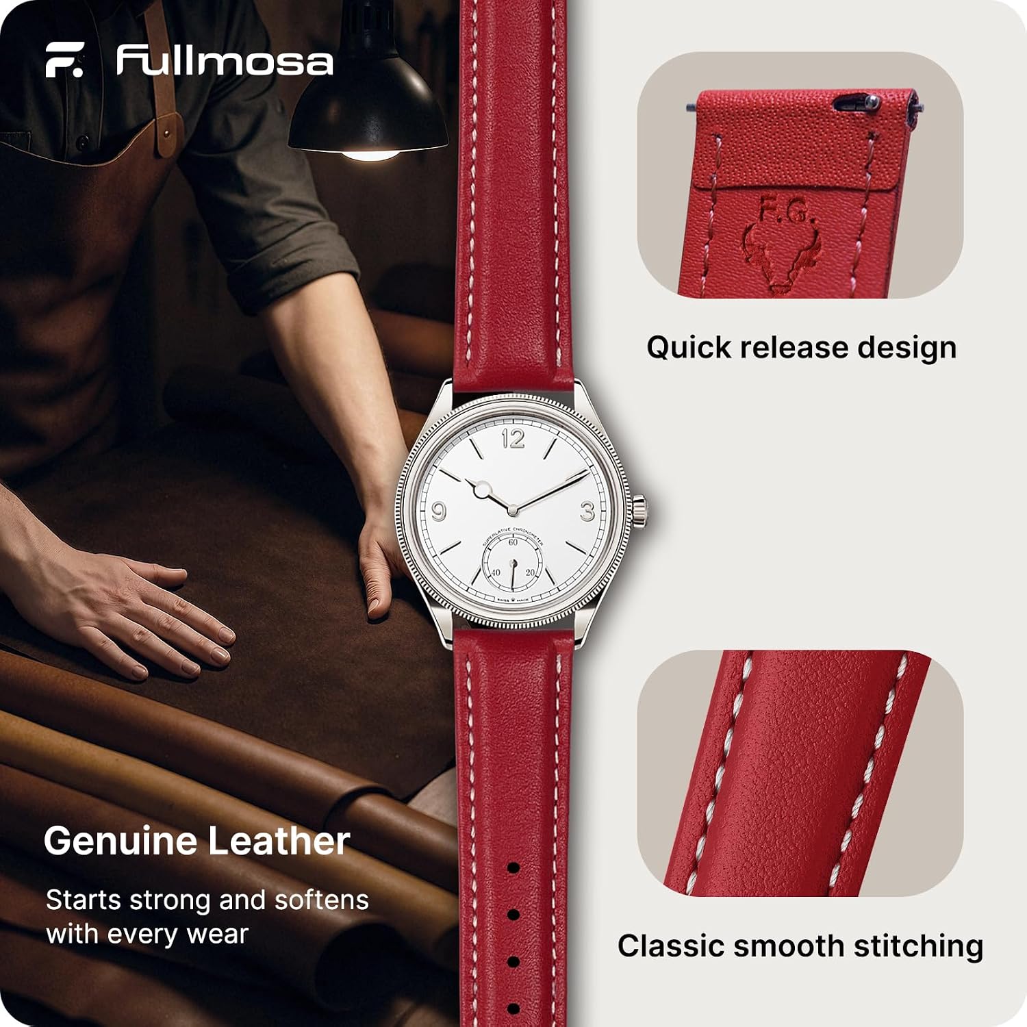 Fullmosa 22mm Quick Release Leather Watch Band for Garmin Samsung Galaxy | Strap for Garmin Vivoactive 4 45mm,Garmin Venu 4(45mm)/Venu 3/Venu 2,Samsung Galaxy Women Men, Red&Silver Buckle