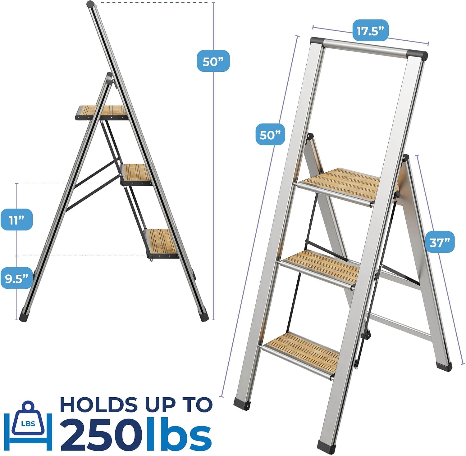 Step Ladder 2 Step Folding, Decorative - Beautiful Bamboo & Silver Aluminum, Ultra Slim Profile, Anti Slip Steps, Sturdy-Portable for Home, Office