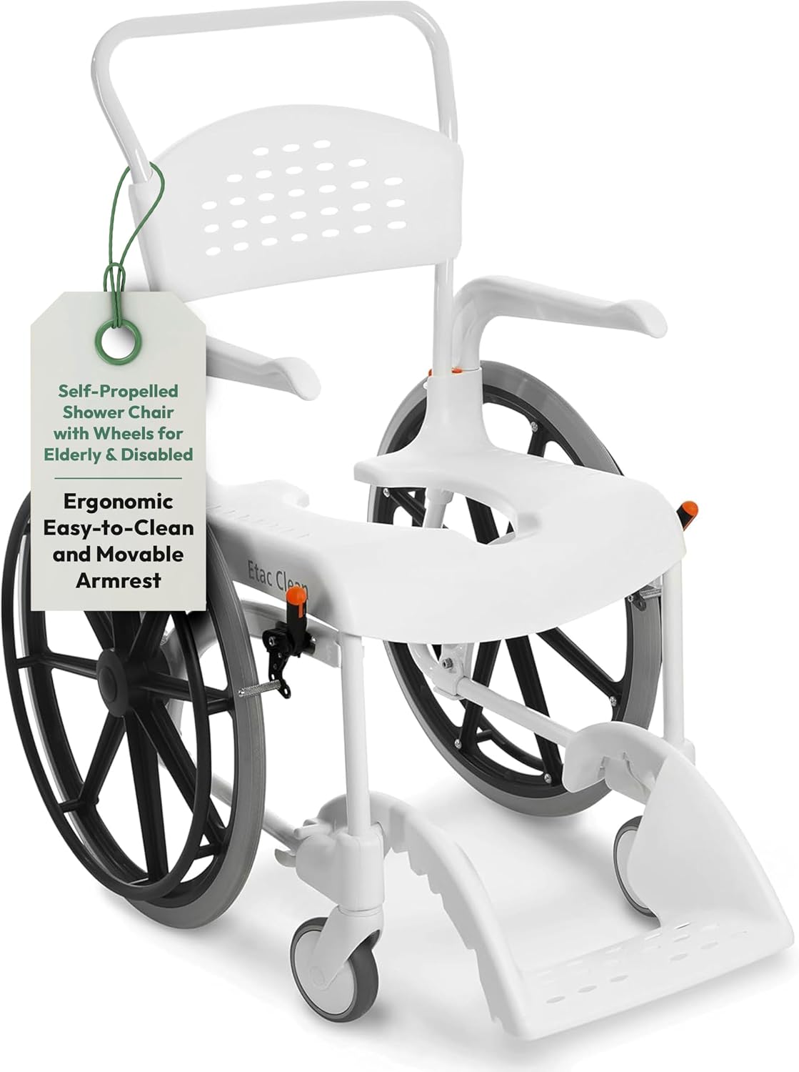 Etac Clean 24" Self-Propelled Shower Chair with Wheels - 21 3/4 Inch Fixed Height with 24 Inch Rear Wheels - Shower Wheelchair for Elderly and Disabled - Movable Armrest & Ergonomic Footrest