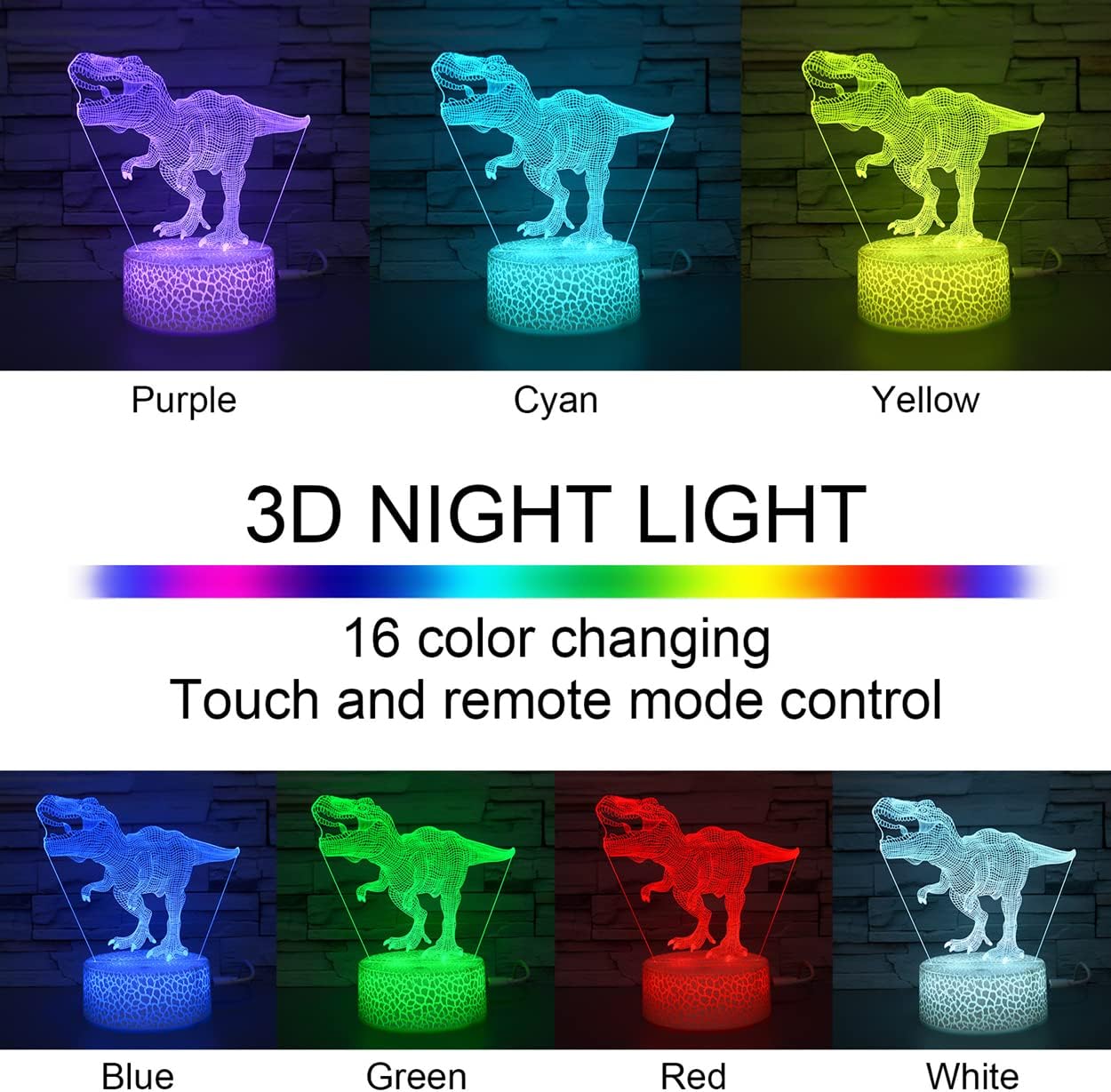 i-CHONY Dinosaur Toy T-Rex 3D Night Light for Kids, 16 Colors Dimmable Dinosaur Led Light with Remote & Smart Touch