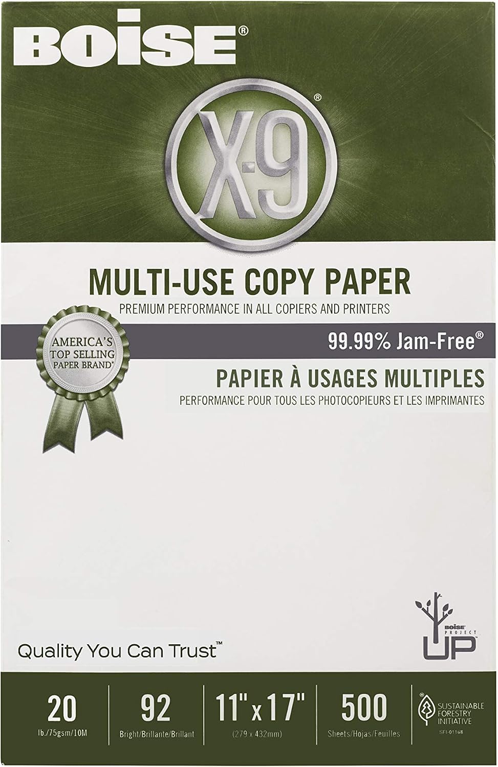 Boise X-9 Multi-Use Printer & Copy Paper, 5 Reams, White, Ledger (11in x 17in), 2500 Sheets Per Case, 20 Lb, 92 Brightness
