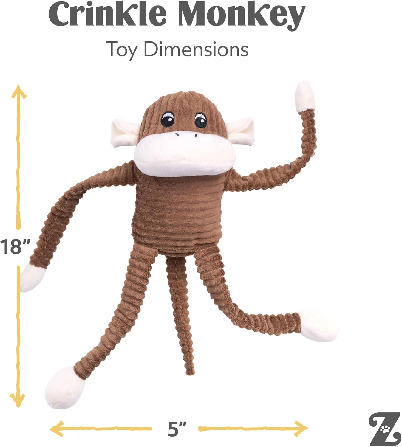 ZippyPaws Crinkle Monkey for Medium-Extra Large Dogs, Large/Brown | Interactive Dog Toys to Keep Them Busy, Squeaky Plush Pet Toy for All Breeds