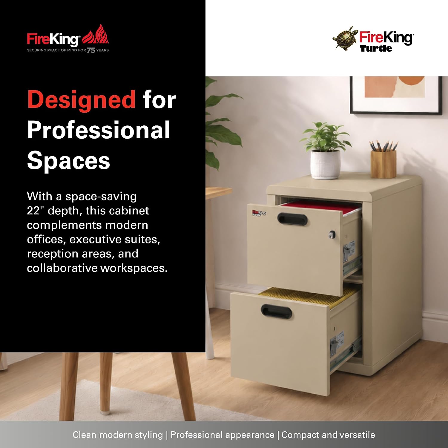 FireKing Turtle Vertical 2 Drawer Fire Rated File Cabinet, Black | 1 Hour Fire Rated Filing Cabinet - UL Class 350 - Water Resistant - Key Lock - Made in USA