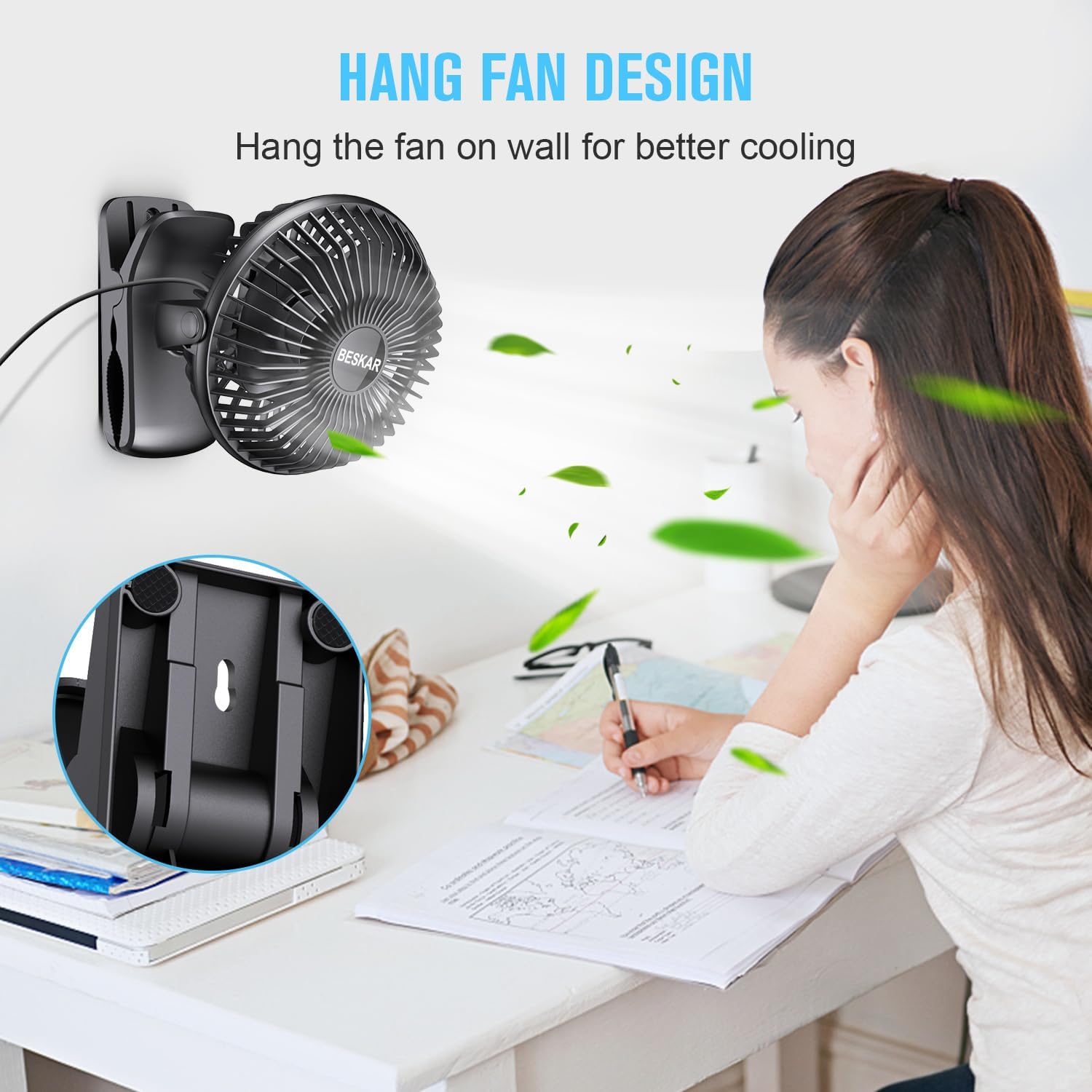 BESKAR USB Clip on Fan, Portable Small Desk Fan with Cord Powered
