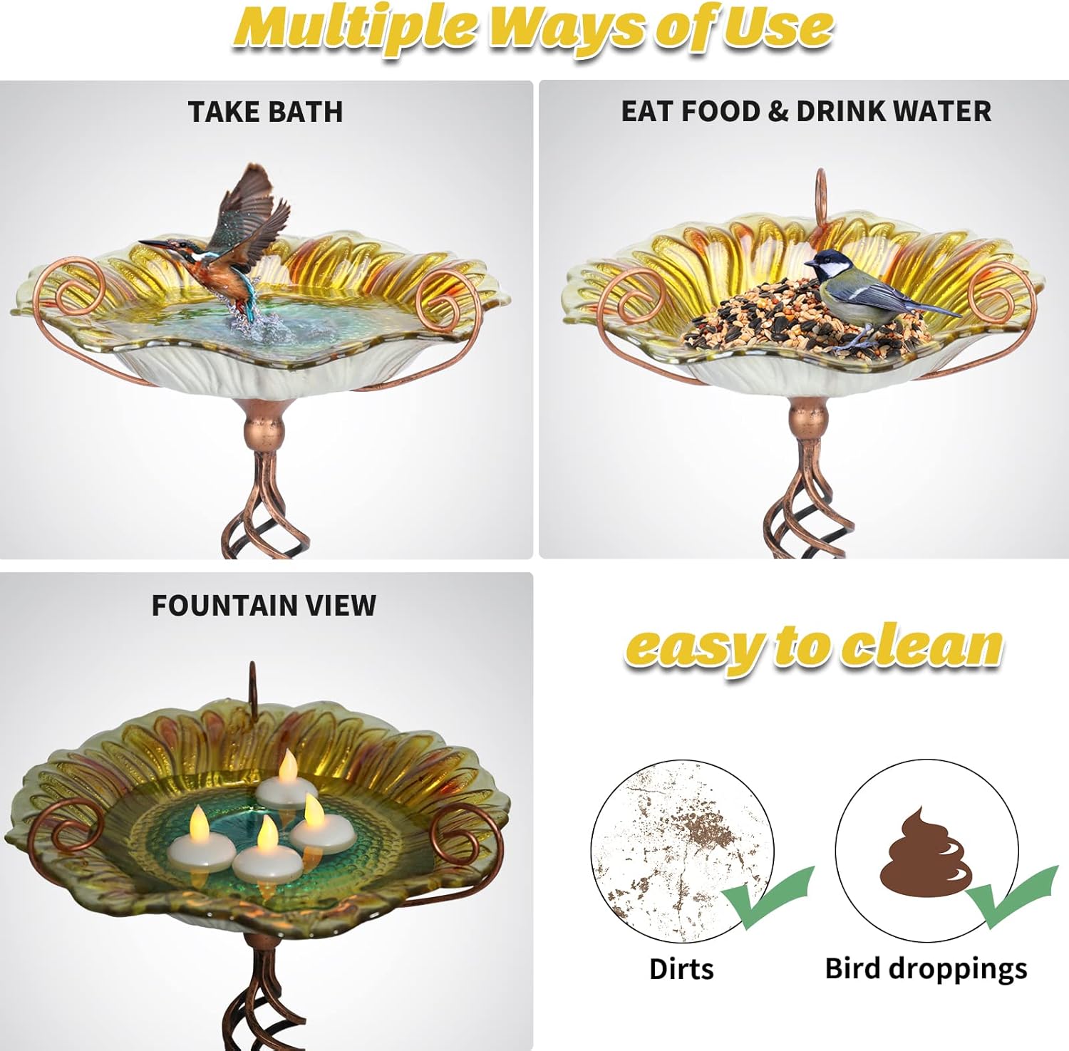 MUMTOP Bird Bath Outdoor, Glass Birdbath Bowl with Stake Garde Decor, Blue