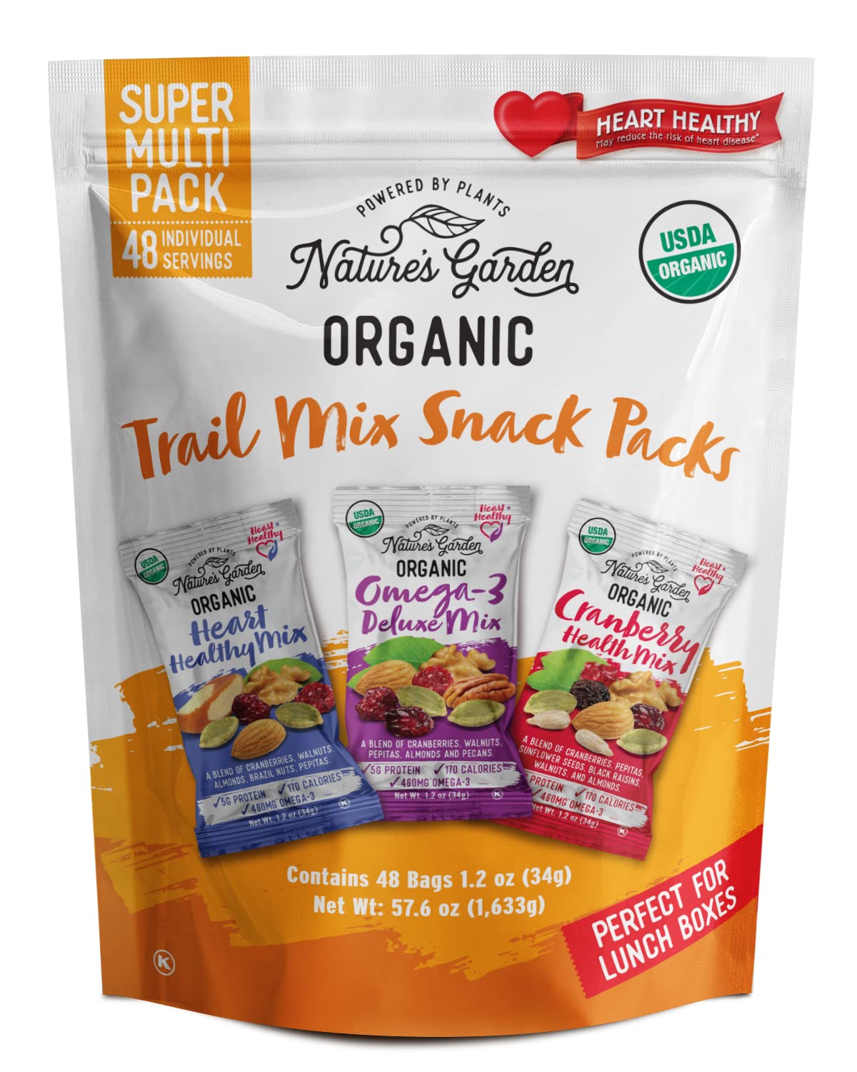 Nature's Garden Organic Trail Mix Snack Packs - 57.6oz (48 x 1.2oz Individual Servings) Trail Mix Variety, Energy Boosting, Heart Healthy