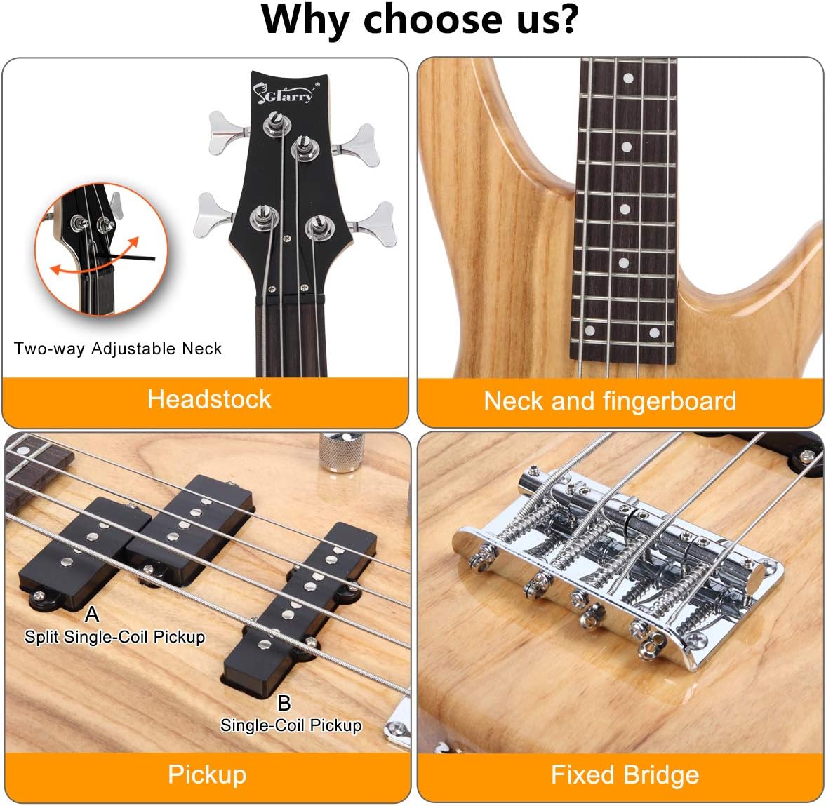 GLARRY GIB Series 4 String Electric Bass Guitar Beginner Kit Full Size with 20W AMP, Strap, Bag and Accessories (Burlywood)