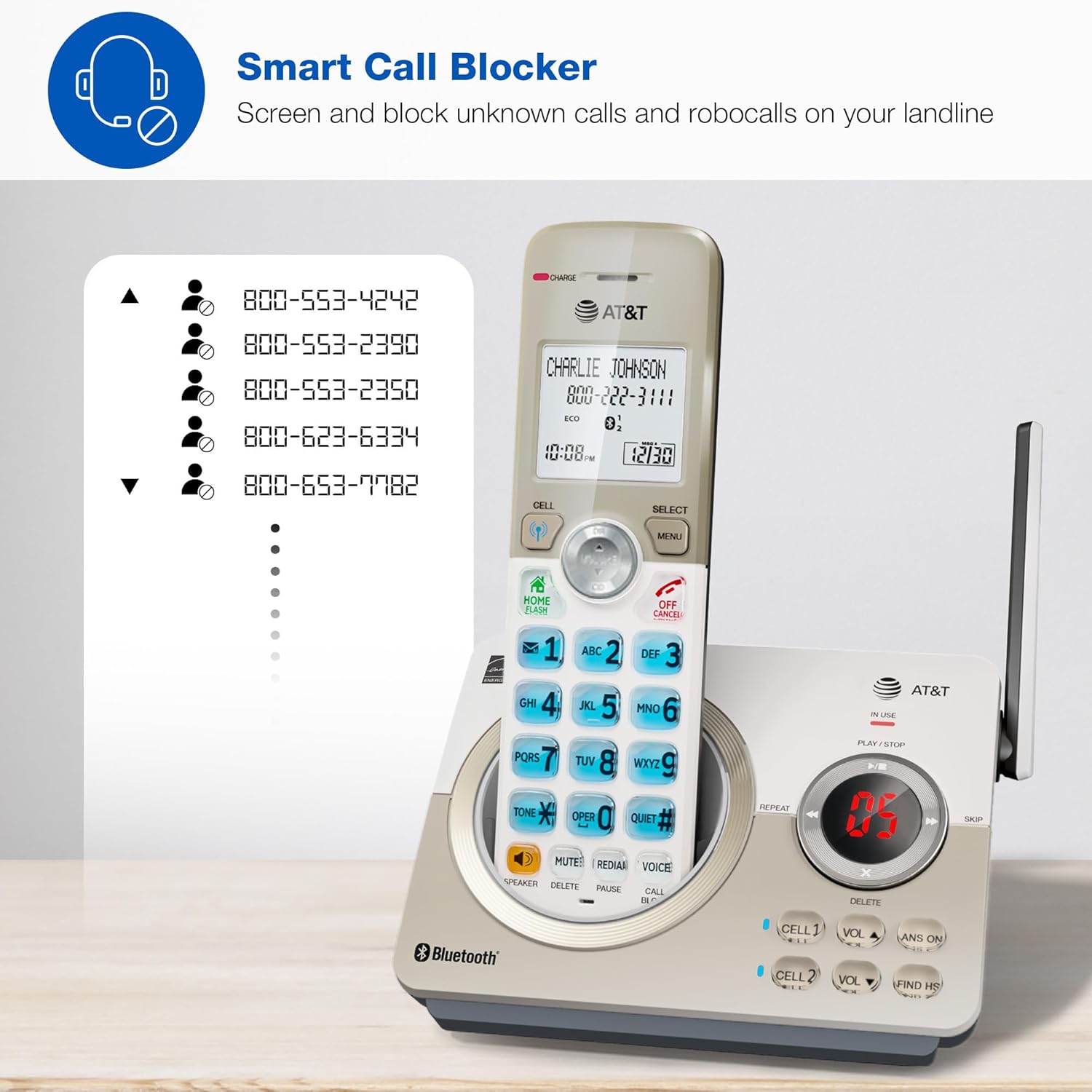 AT&T DL72219 DECT 6.0 2-Handset Cordless Phone for Home with Connect to Cell, Call Blocking, 1.8" Backlit Screen, Big Buttons, intercom