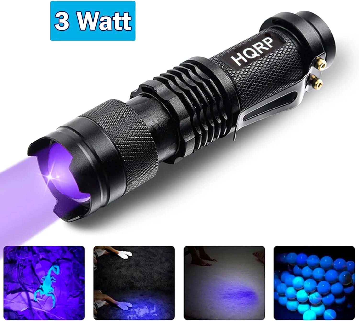HQRP Powerful 365nm 3 Watt LED Flashlight Blacklight for Rocks, Stones, Illumination, Detection of Uranium, Vaseline, Depression Glass