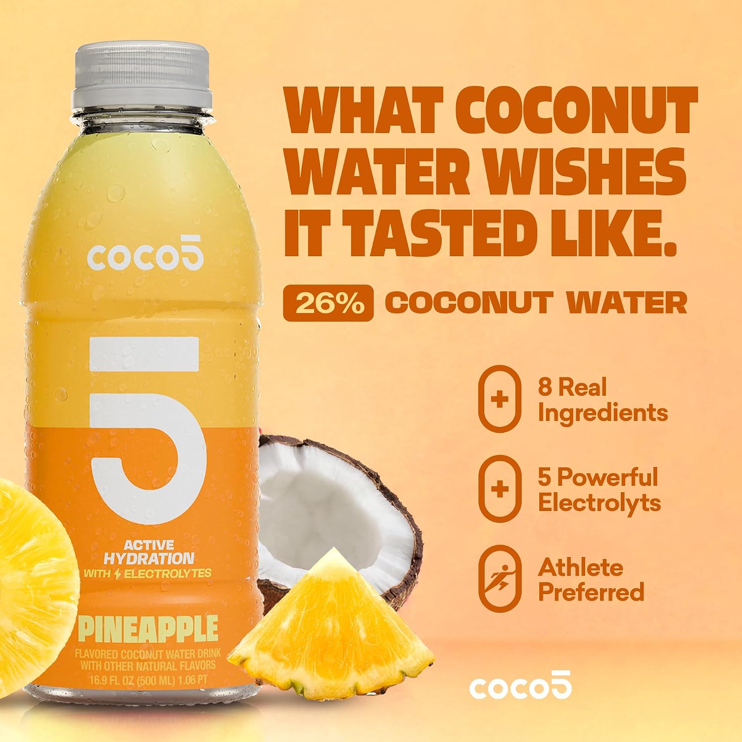 Coco5 Original Coconut Water Natural Electrolyte Sports Drink, 12 Pack | Active hydration. Low sugar, nothing artificial. Potassium, sodium, magnesium, calcium, chloride. 8 real ingredients.