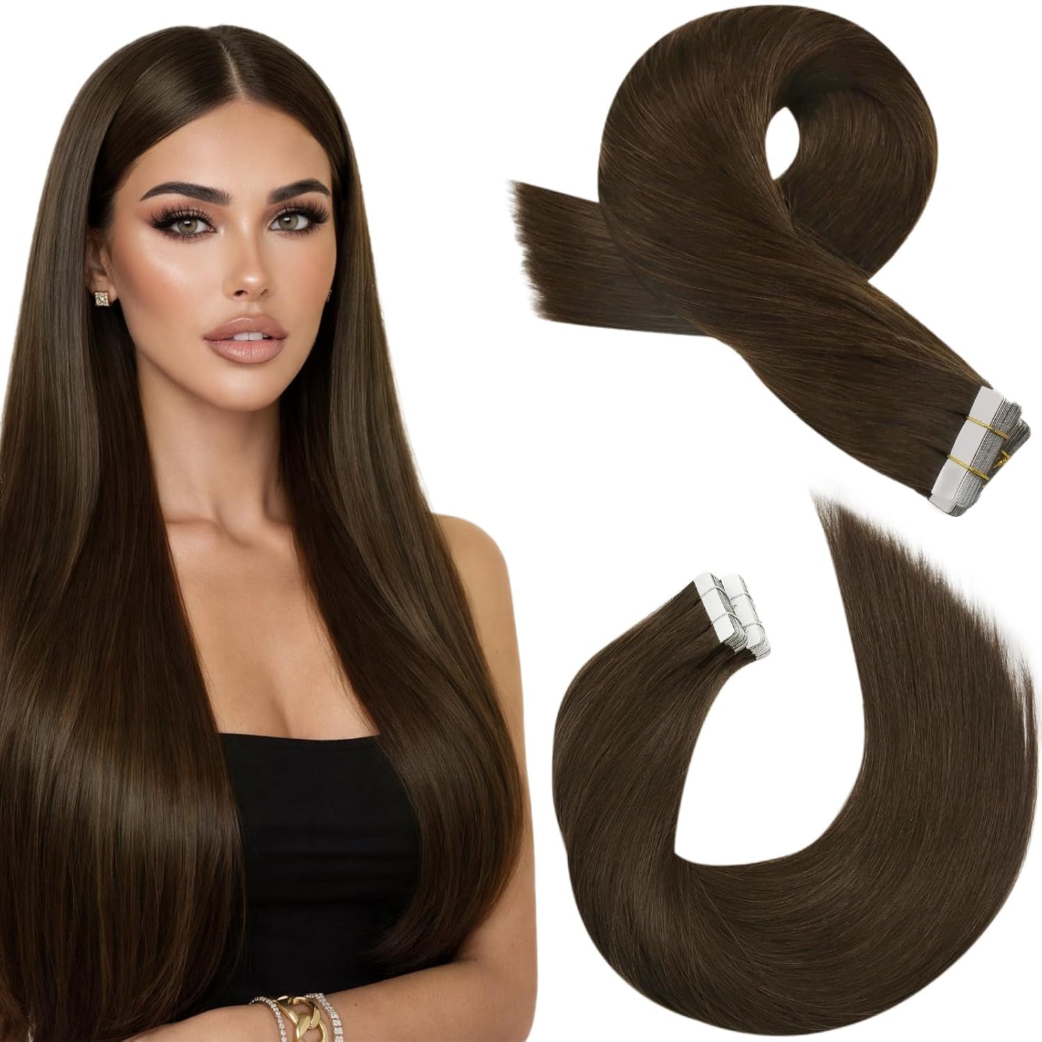 Moresoo Black Tape in Hair Extensions Human Hair, 18 Inch, 20Pcs, 50g