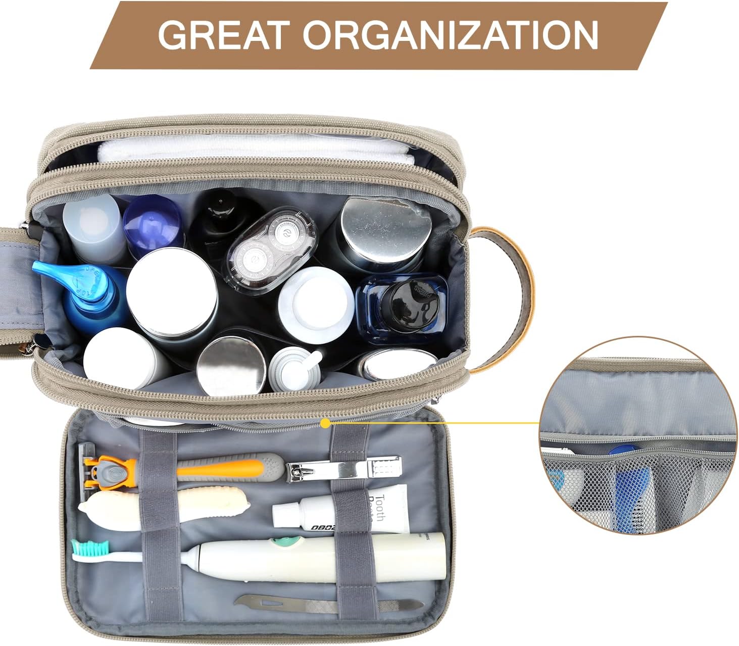 BAGSMART Toiletry Bag for Men, Canvas Travel Toiletry Organizer Dopp Kit Water-resistant Shaving Bag for Toiletries Accessories,Grey-Medium