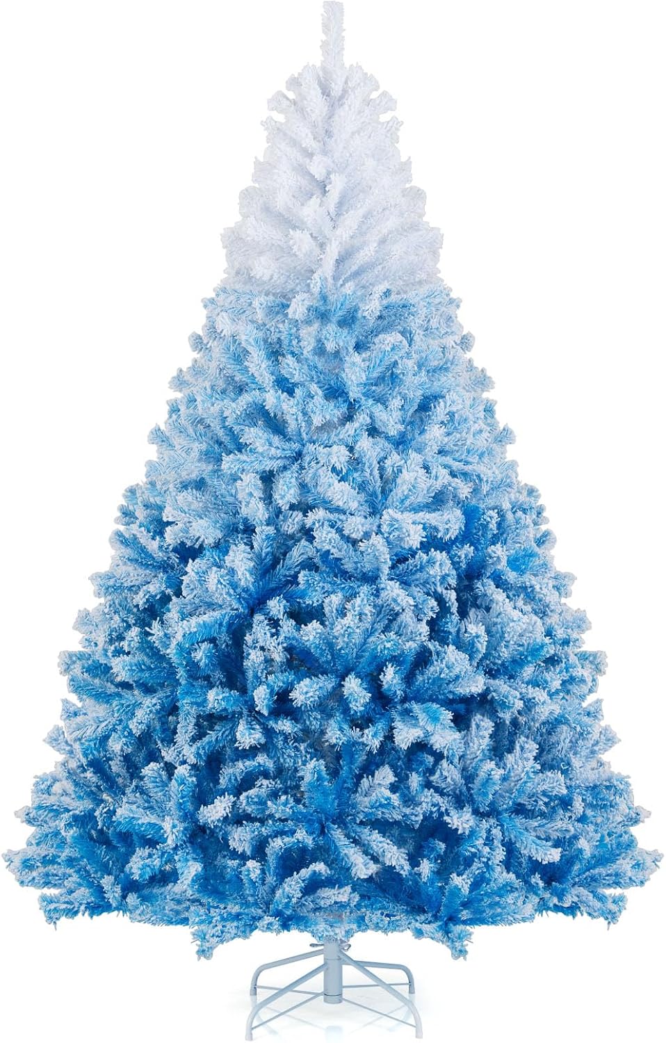 Goplus 7.5ft Pre-Lit Artificial Christmas Tree, Premium PVC Snow Flocked Hinged Pine Tree with Metal Stand and LED Lights
