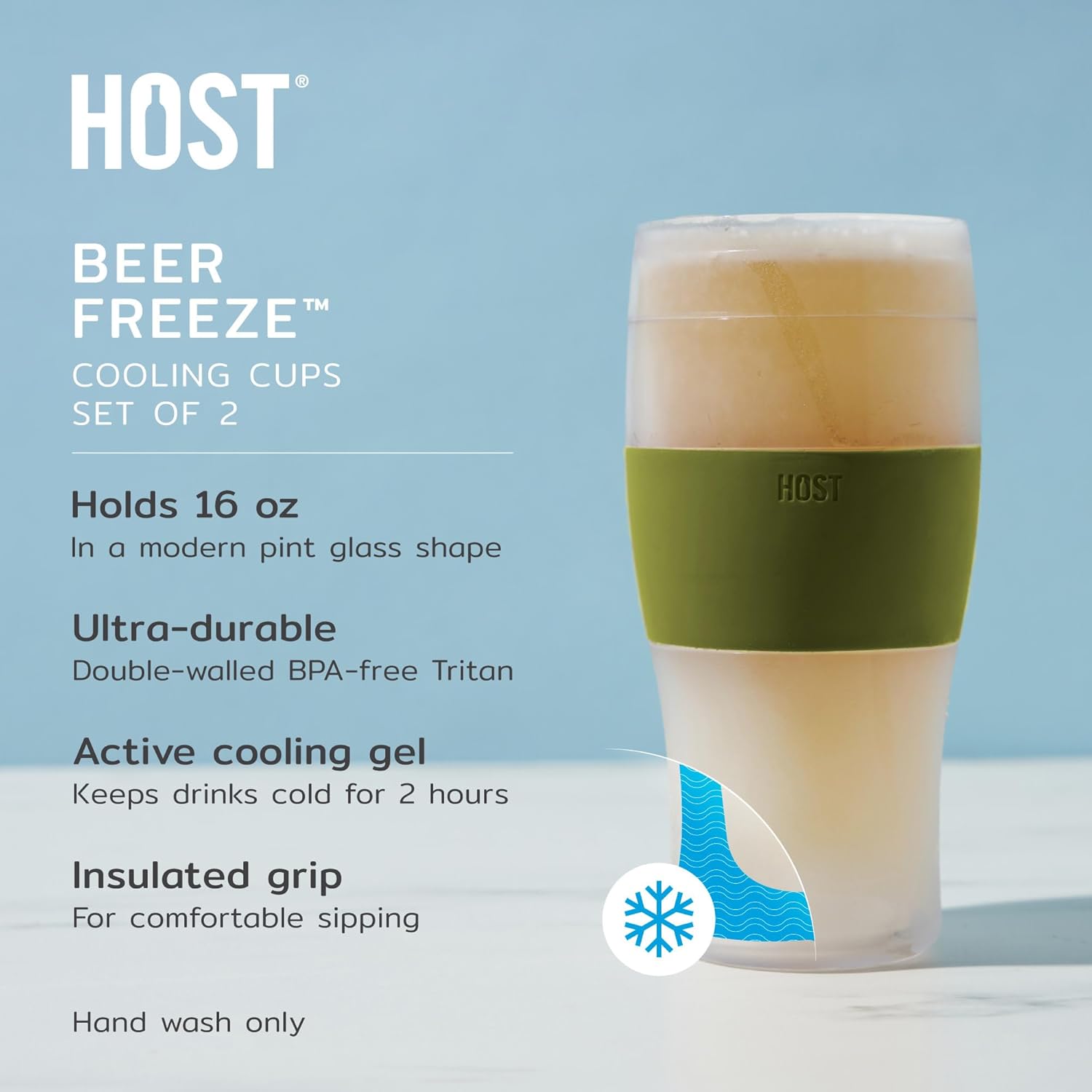 Host FREEZE Beer Glasses, Frozen Beer Mugs, Freezable Pint Glass Set, Insulated Pint Glass to Keep Your Drinks Cold, Double Walled Insulated Glasses