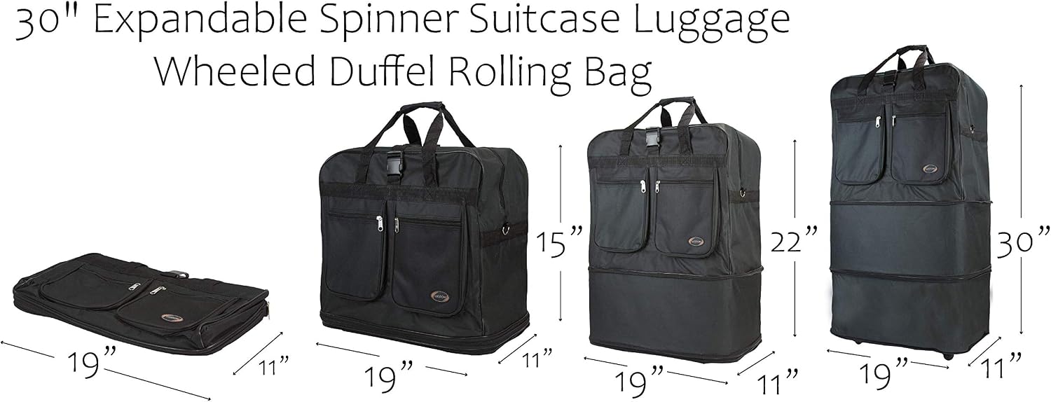 40" 30" 36" Rolling Wheeled Duffel Bag Spinner Suitcase Luggage Expandable (36", Black)