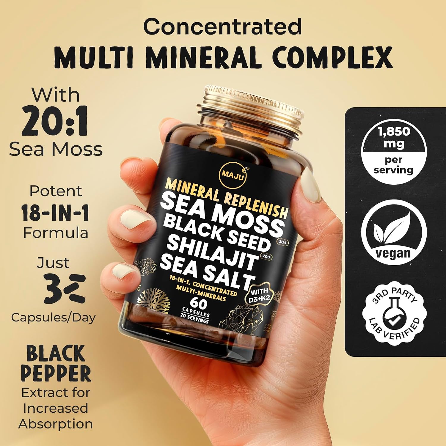 MAJU 4-in-1 Organic Sea Moss Capsules, Wild Chondrus Crispus, Seamoss w/Bladderwrack + Burdock Root, Stronger Than Gel, Irish