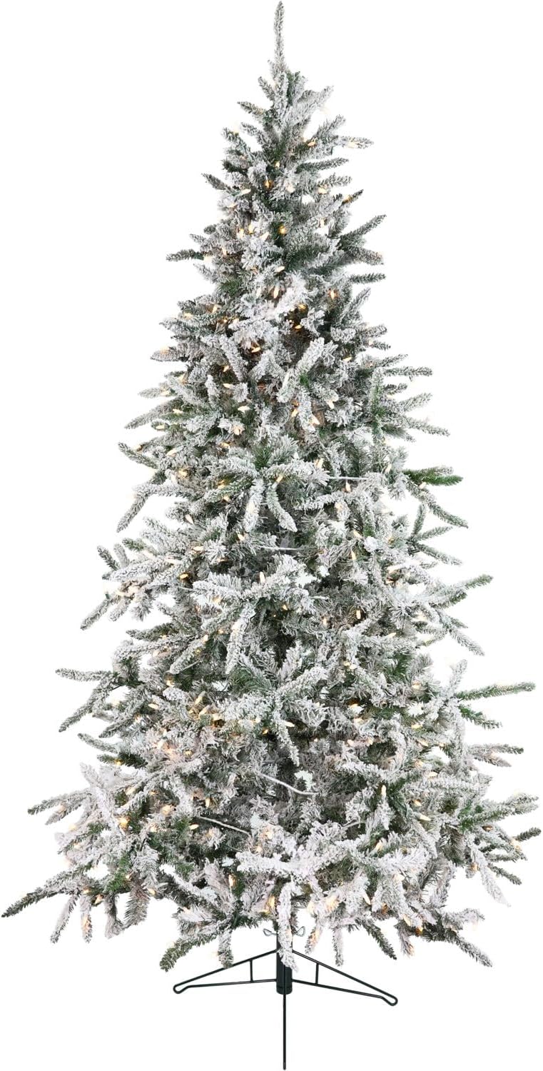 Fraser Hill Farm 7.5-Ft. Mountain Pine Flocked Artificial Christmas Tree with Stand, Unlit Foldable Fake Tree with Realistic Snowy Foliage for Home Decoration