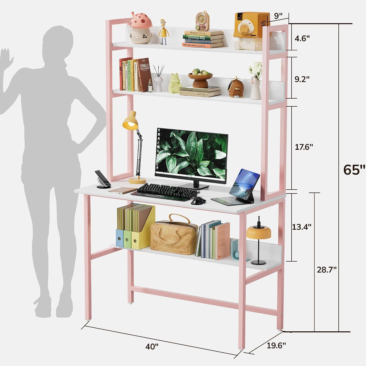 Aquzee Computer Desk with Shelves, 47" W x 23.6" D Gaming Desk with Hutch and Bookshelf