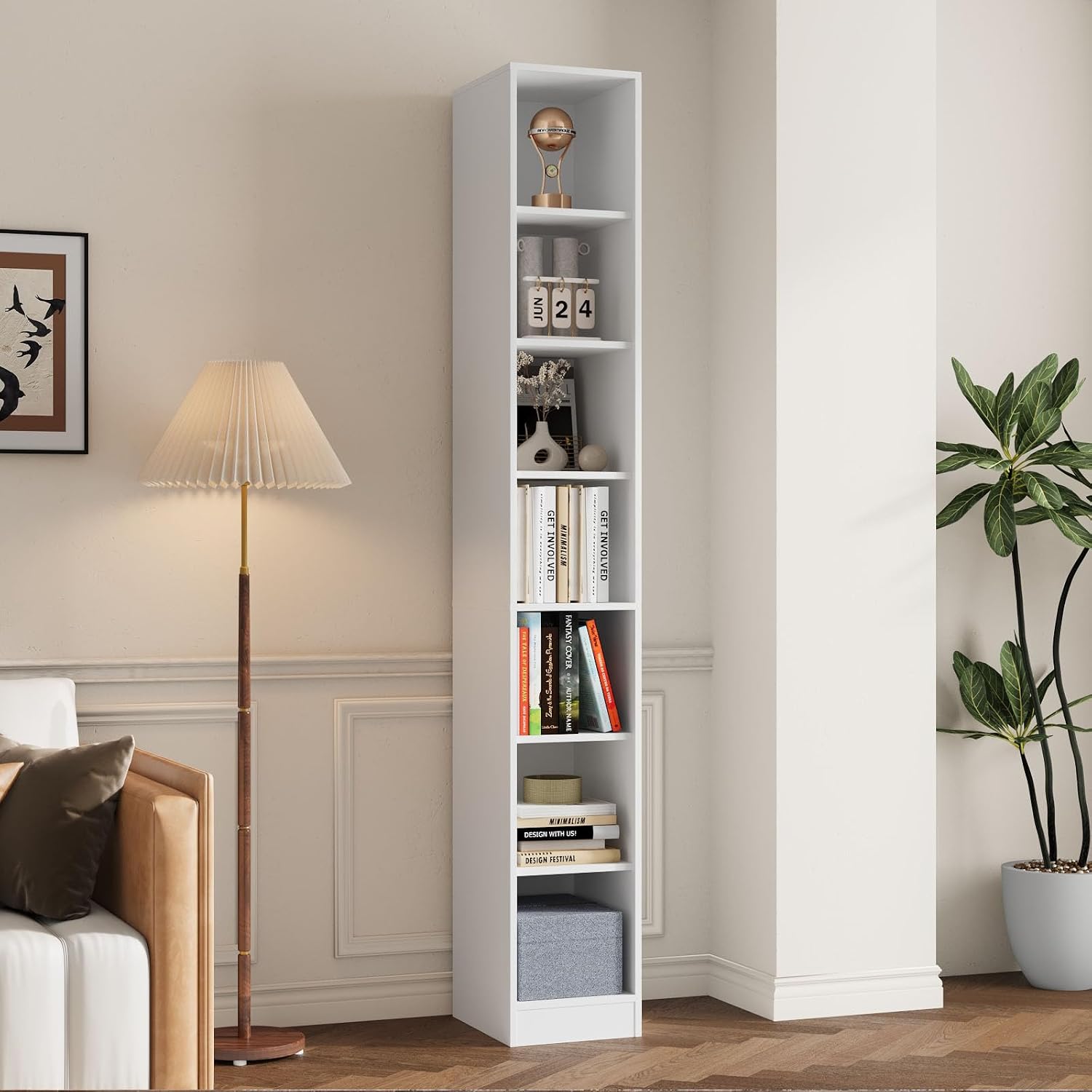TUSY 85.5 Inch Tall Bookshelf with Doors - 7 Tier Bookcase with Glass Doors and Drawer, 23.6" Wide Storage Cabinet with Open Shelves for Living Room, White Book Shelf for Home Office, Study (AAAA)